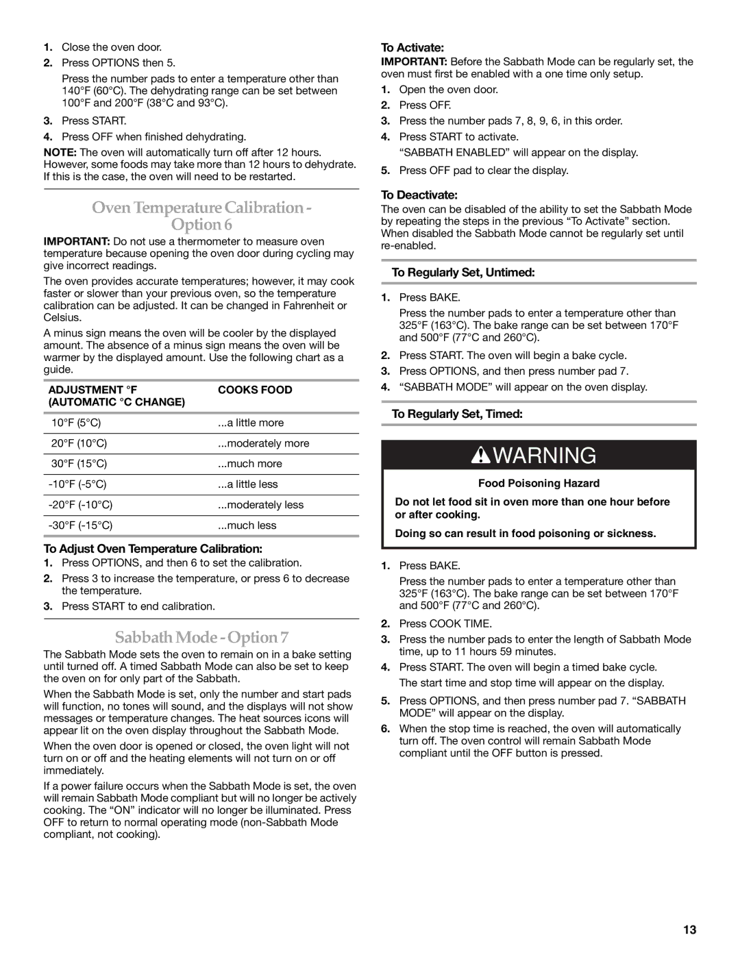 KitchenAid YKDSS907, YKDRS807 manual Oven Temperature Calibration Option, Sabbath Mode -Option 