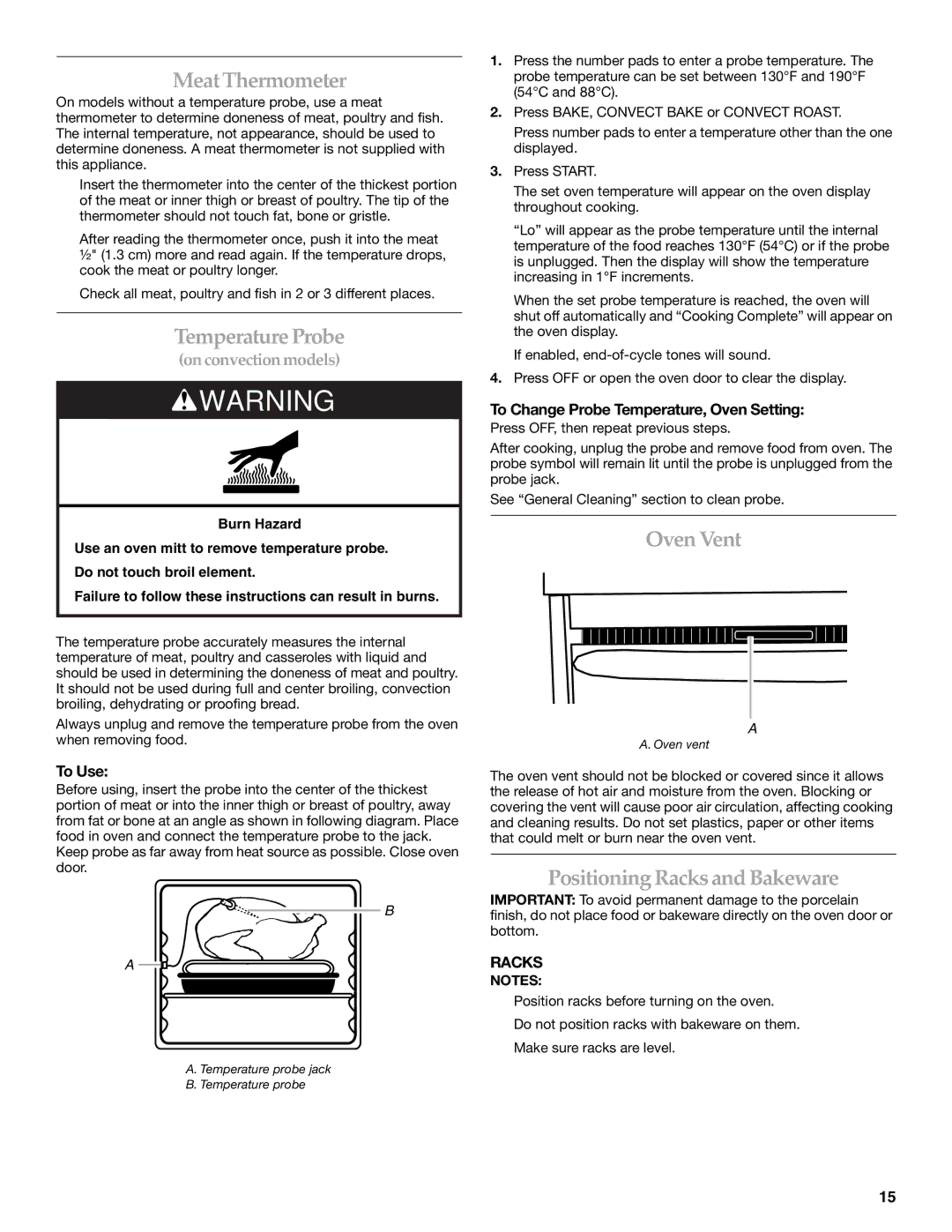 KitchenAid YKDSS907, YKDRS807 manual MeatThermometer, Temperature Probe, Oven Vent, Positioning Racks and Bakeware 