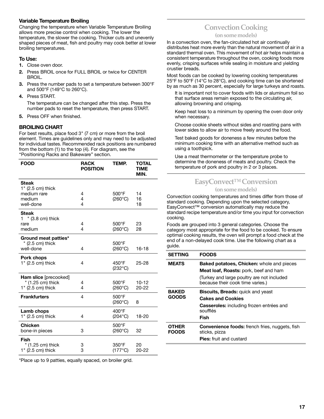 KitchenAid YKDRS807, KDSS907 Convection Cooking, EasyConvect Conversion, Variable Temperature Broiling, Broiling Chart 