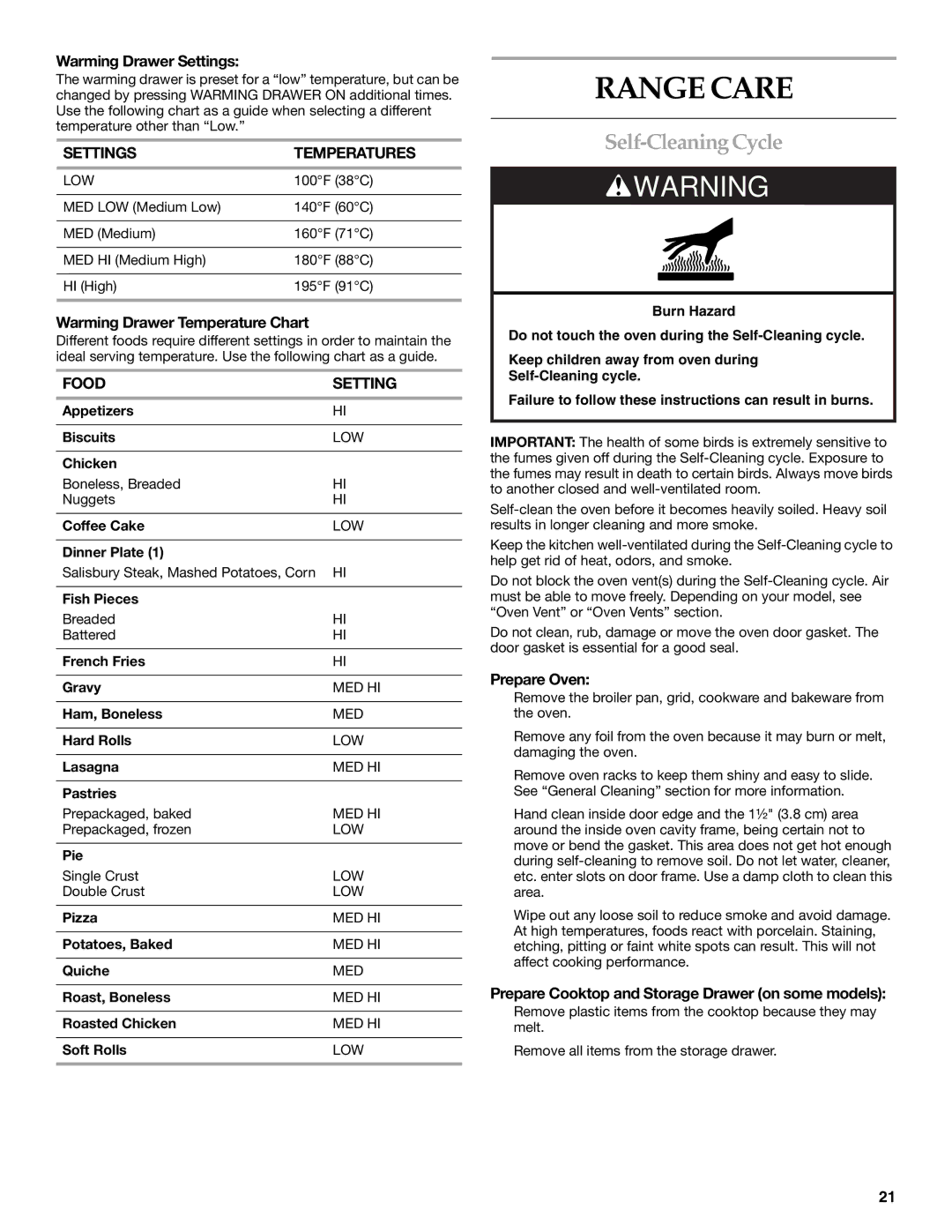 KitchenAid YKDSS907, YKDRS807 manual Range Care, Self-Cleaning Cycle, Settings Temperatures, Food Setting 