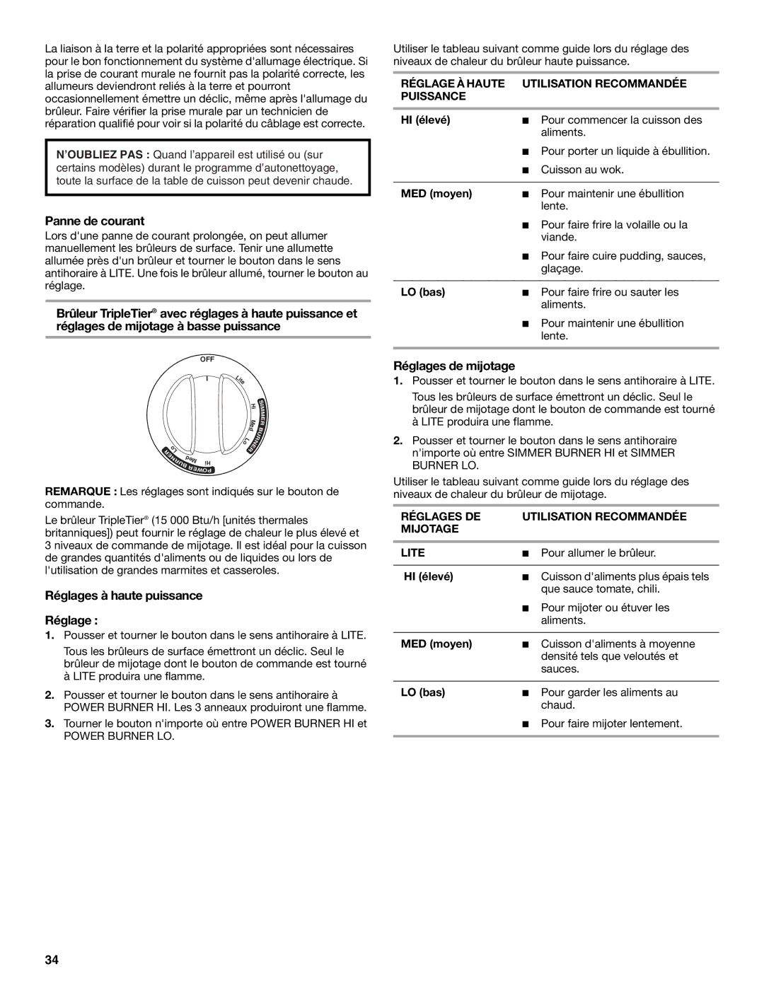 KitchenAid YKDSS907, YKDRS807 manual Panne de courant, Réglages à haute puissance, Réglages de mijotage 