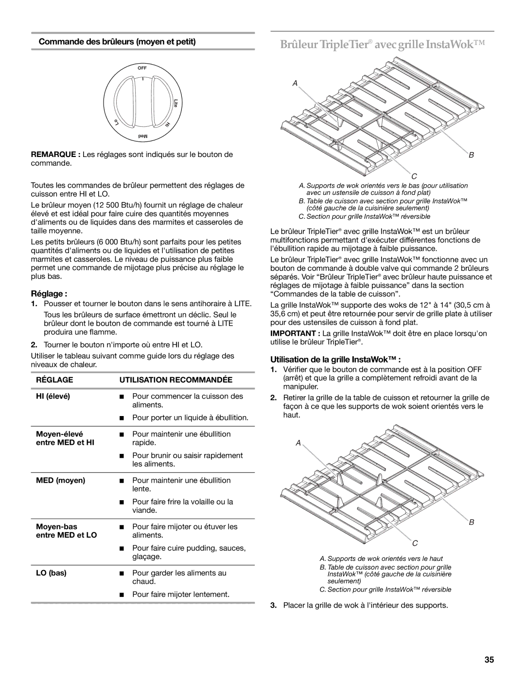 KitchenAid YKDRS807, KDSS907 manual Brûleur TripleTier avecgrille InstaWok, Commande des brûleurs moyen et petit, Réglage 