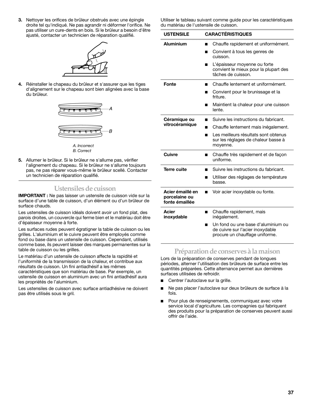 KitchenAid YKDSS907, YKDRS807 manual Ustensiles de cuisson, Préparation de conserves à la maison, Ustensile Caractéristiques 