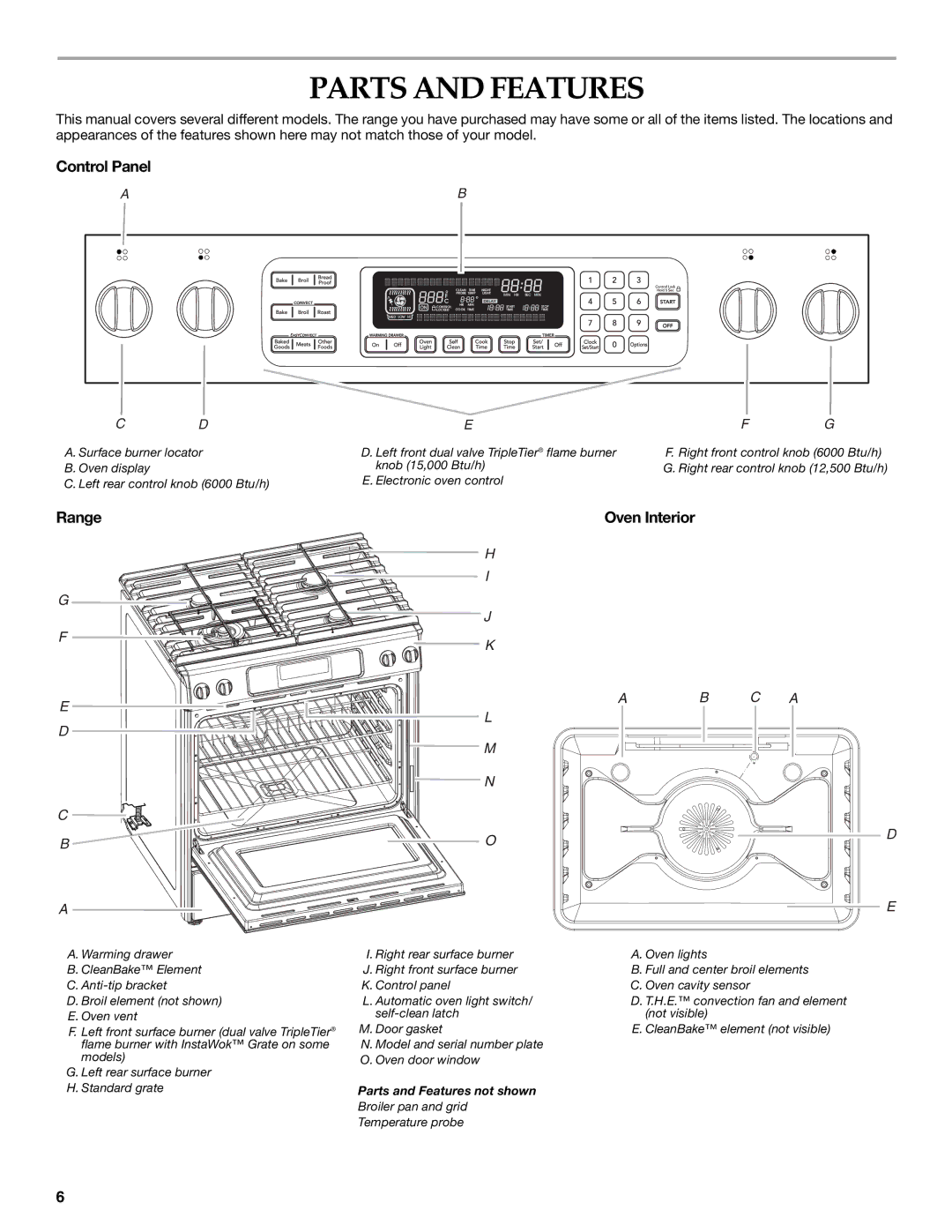 KitchenAid YKDSS907, YKDRS807 manual Parts and Features, Control Panel, Range Oven Interior 