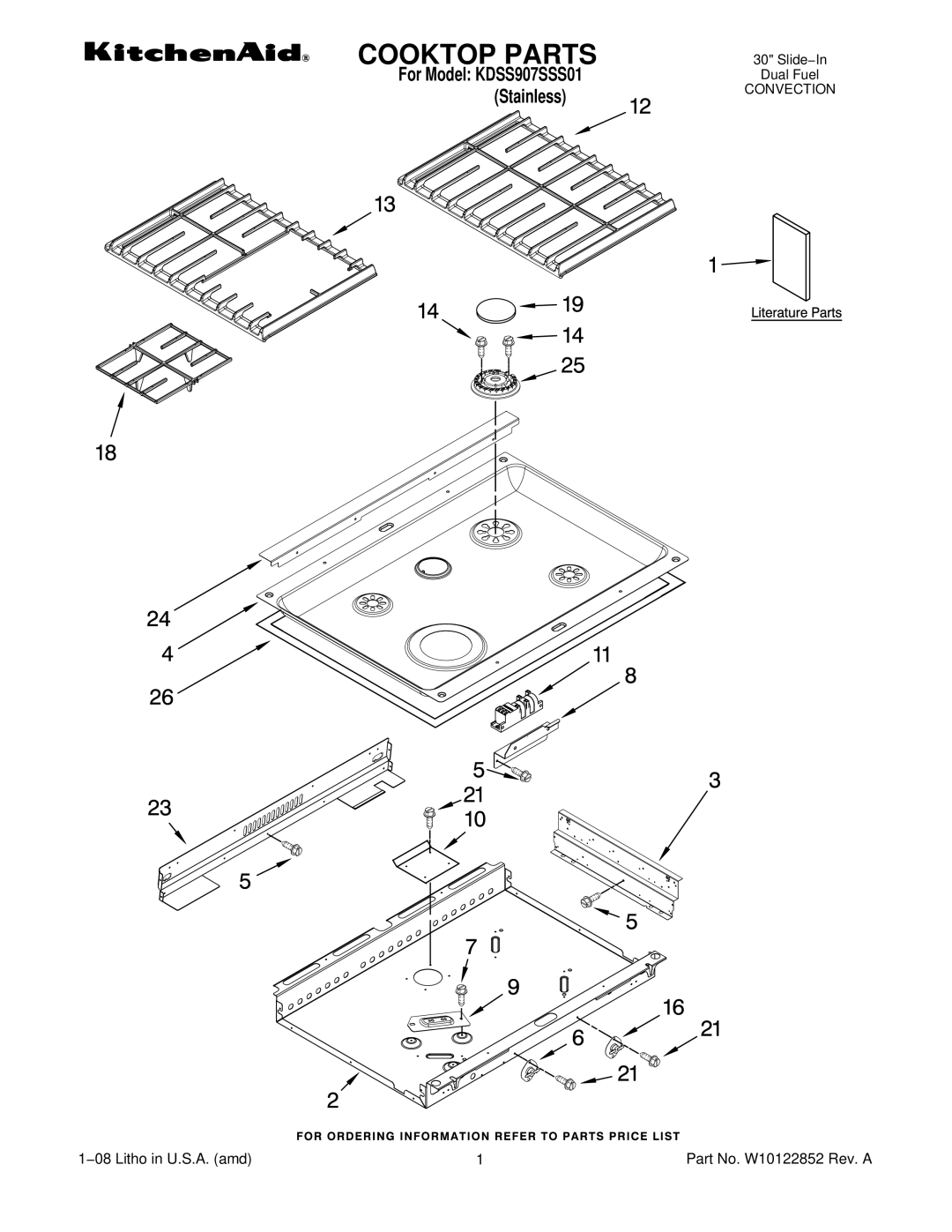 KitchenAid KDSS907SSS01 manual Cooktop Parts 