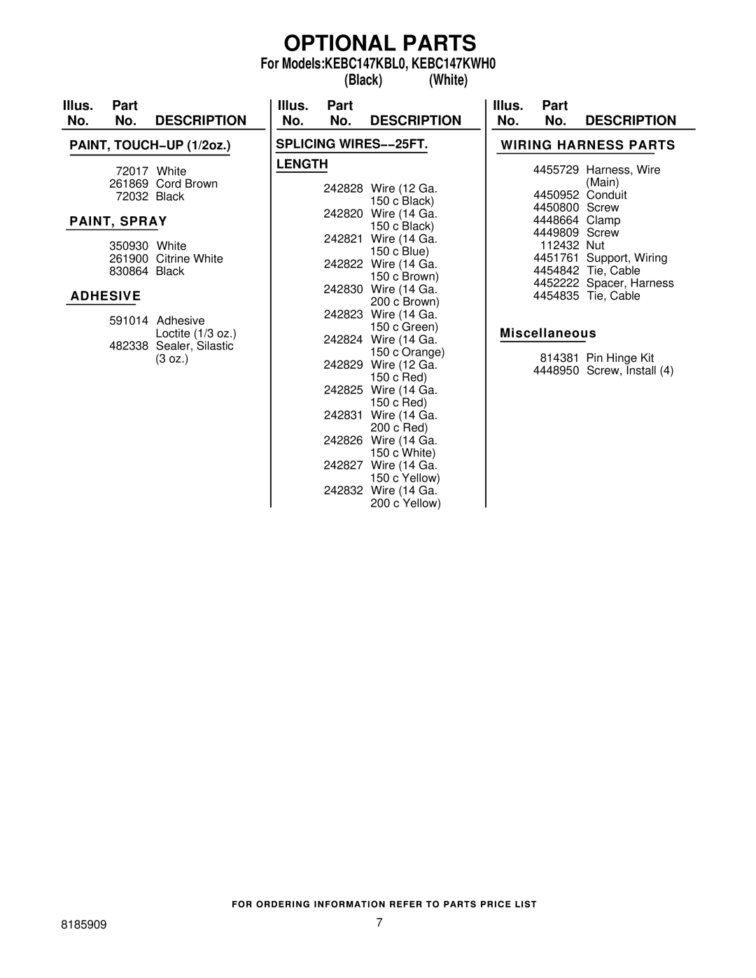 KitchenAid KEBC147KWH0 manual Optional Parts, PAINT, Spray, Adhesive, Splicing WIRES−−25FT Length, Wiring Harness Parts 