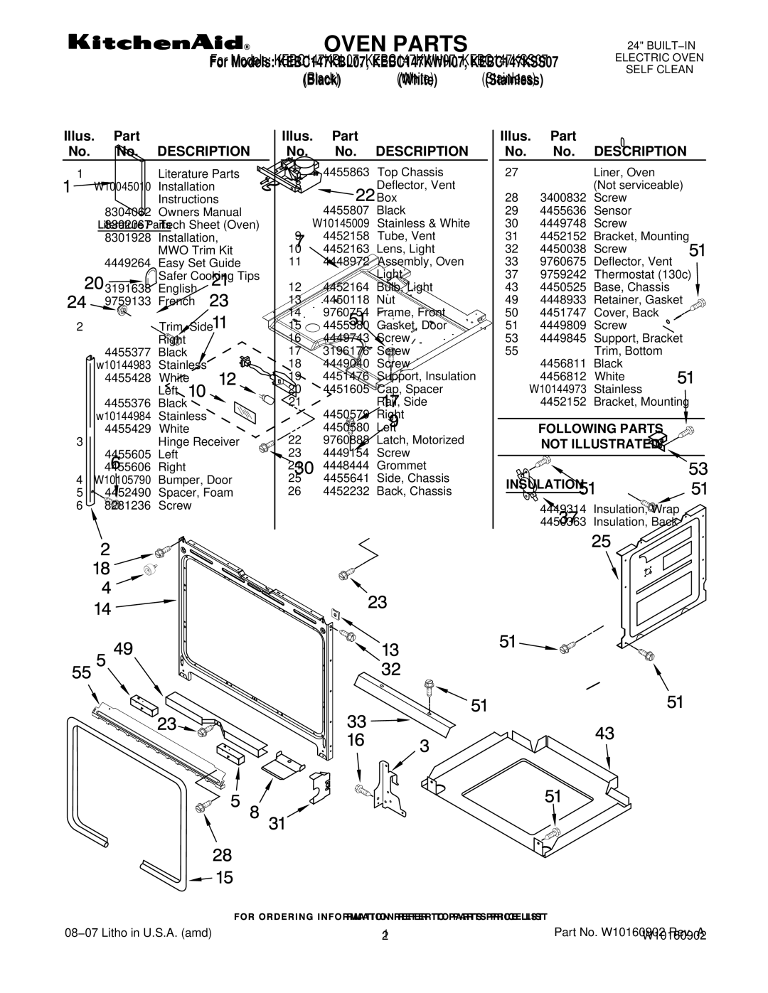 KitchenAid KEBC147KWH07, KEBC147KSS07, KEBC147KBL07 manual Oven Parts, Illus. Part No. No. Description 