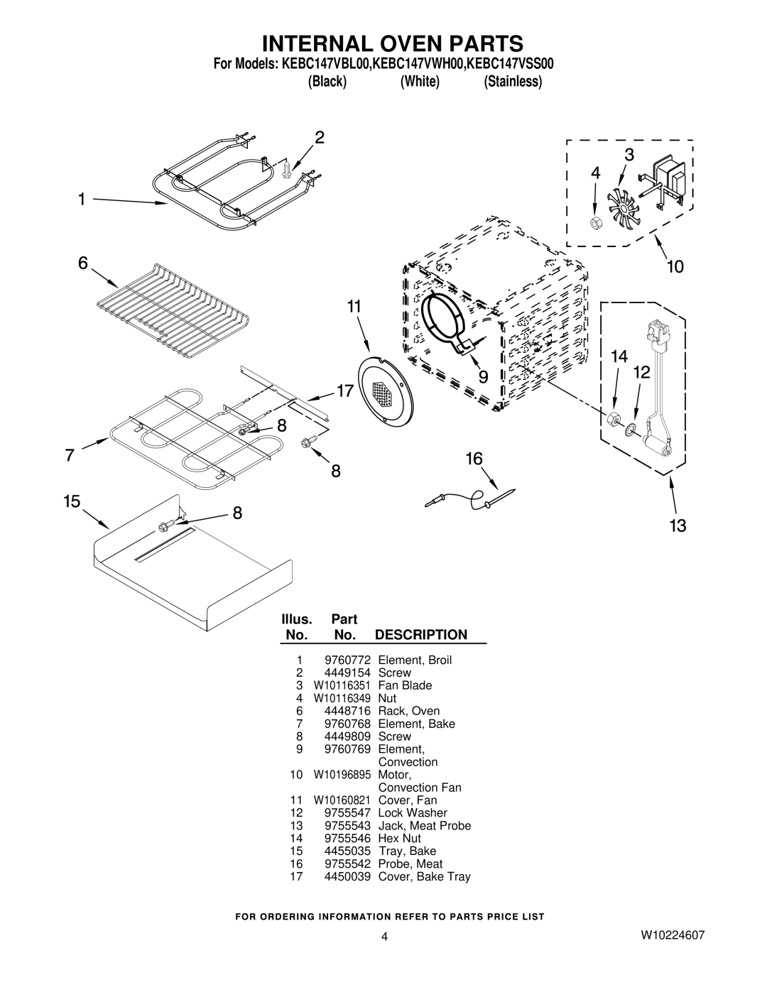 KitchenAid KEBC147VWH00, KEBC147VBL00, KEBC147VSS00 manual Internal Oven Parts 