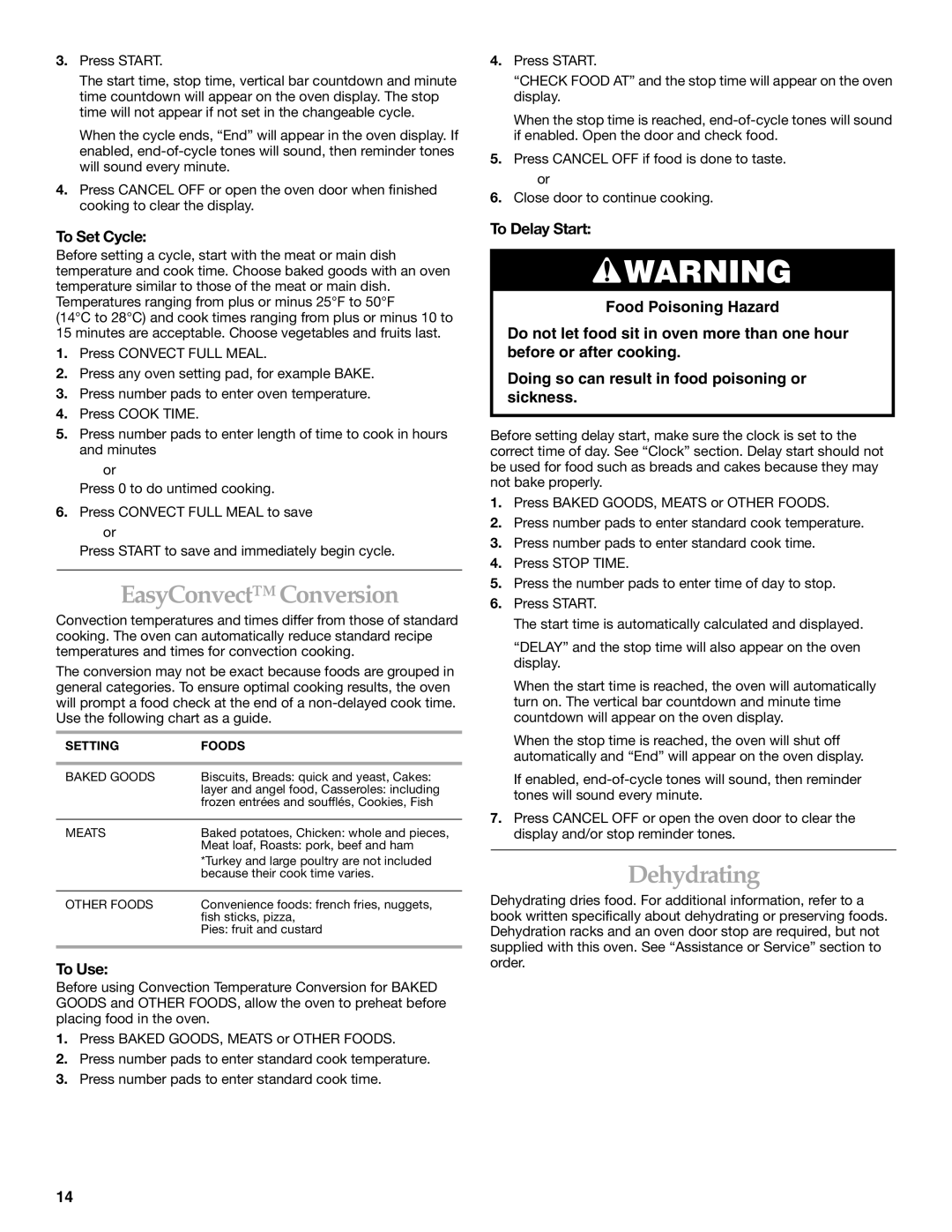 KitchenAid KEBC167 manual EasyConvect Conversion, Dehydrating, To Set Cycle, Setting Foods 