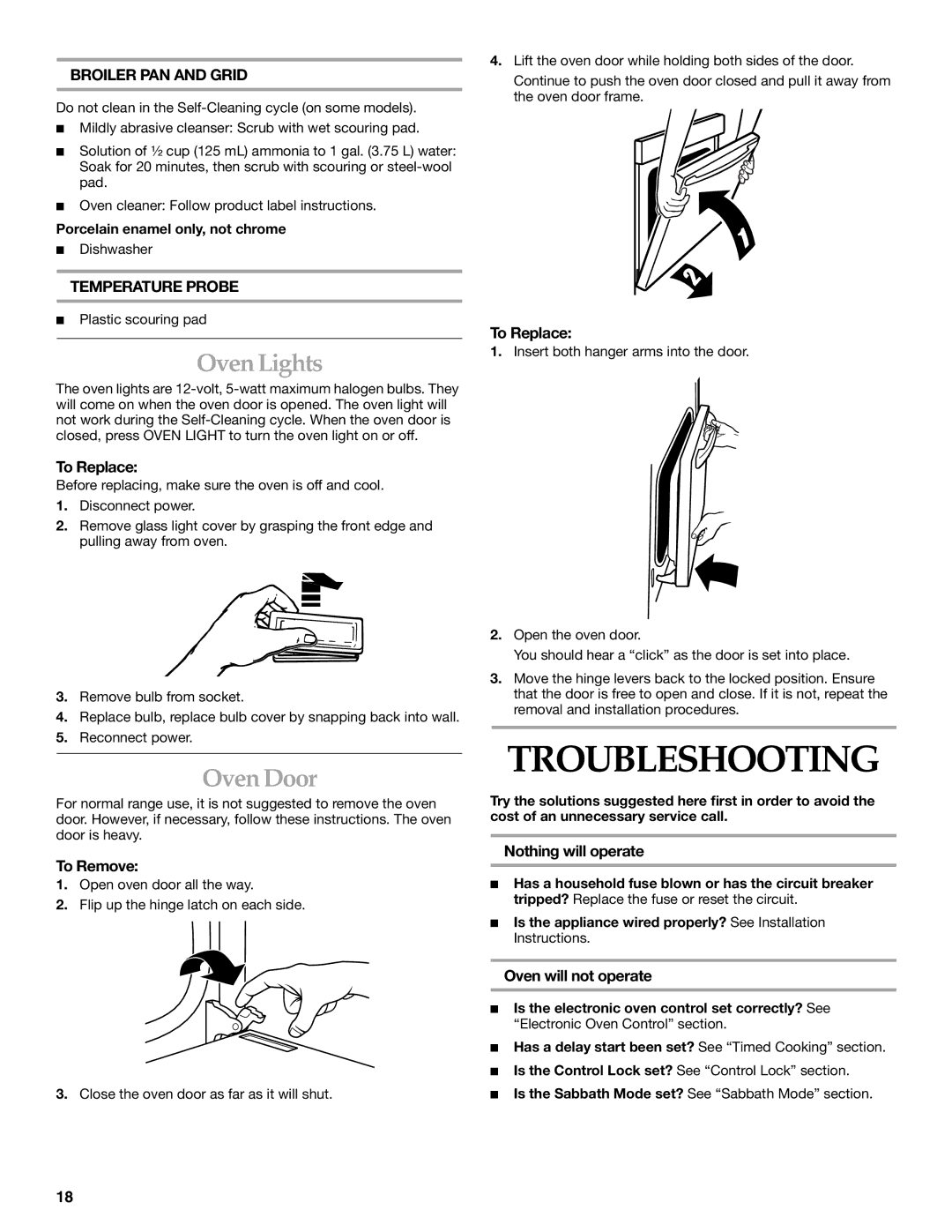 KitchenAid KEBC167 manual Troubleshooting, Oven Lights, Oven Door, Broiler PAN and Grid, Temperature Probe 