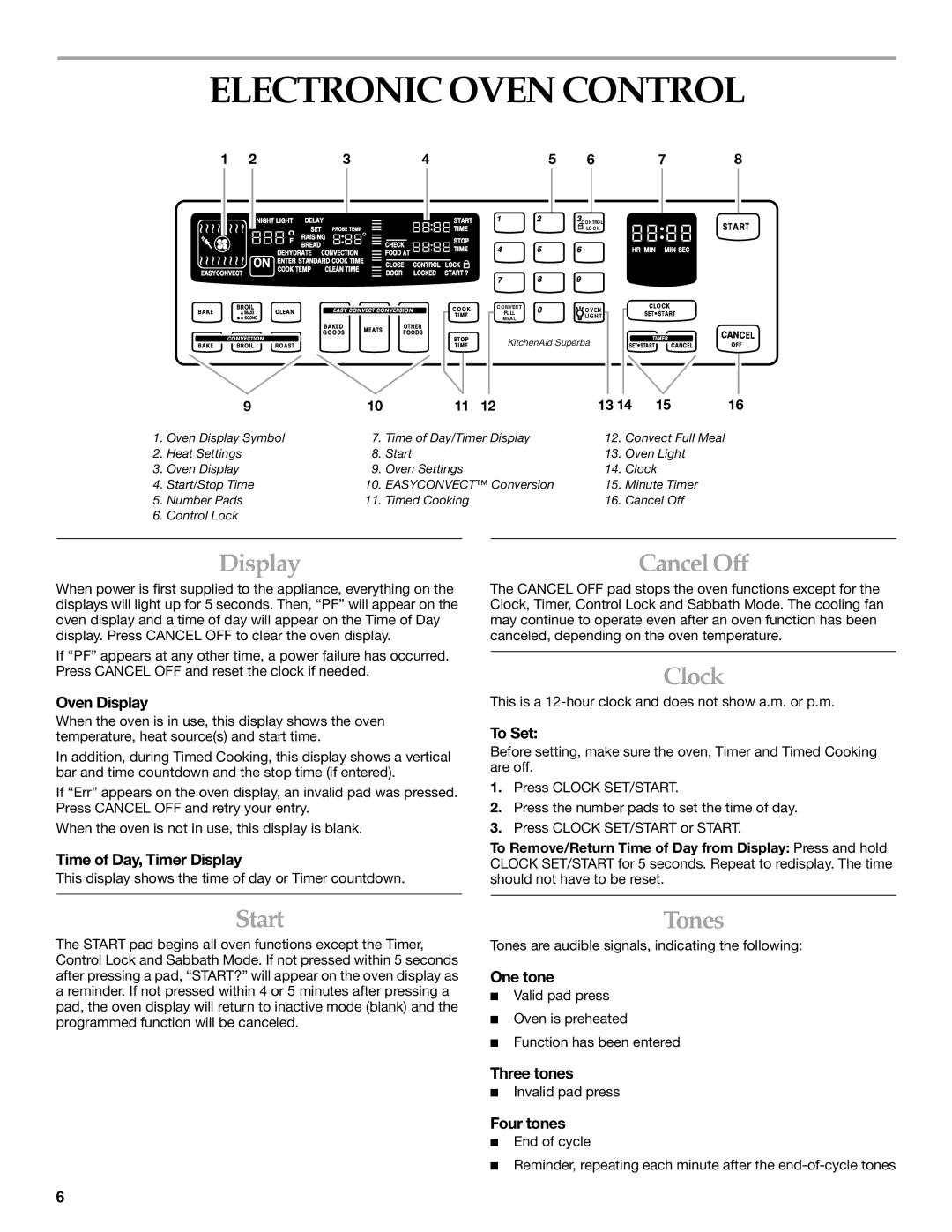 KitchenAid KEBC167 manual Electronic Oven Control, Clock, Start, Tones 