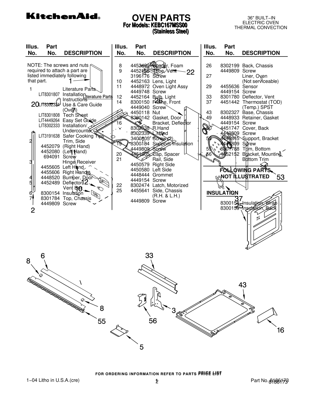 KitchenAid KEBC167MSS00 manual Oven Parts, Illus. Part No. No. Description 