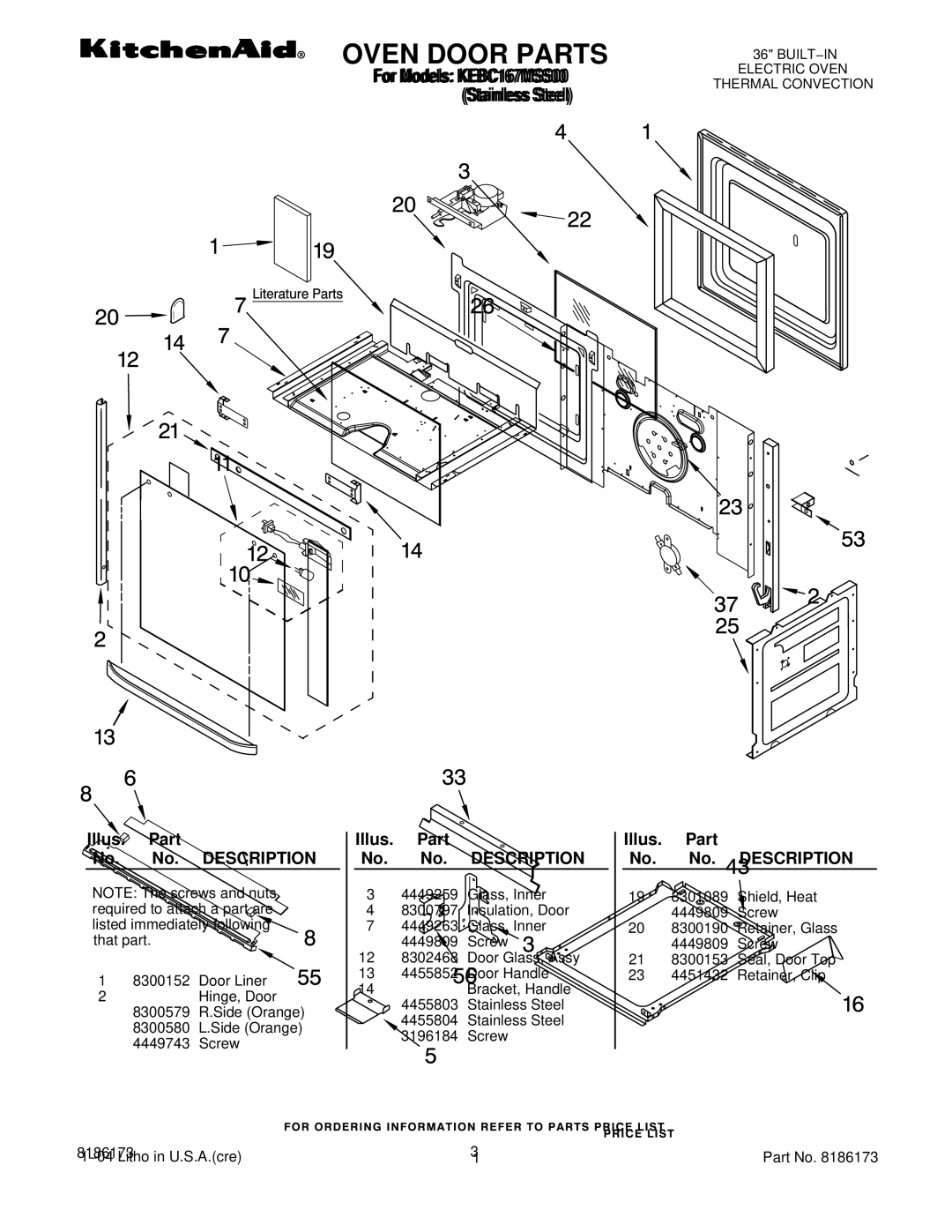 KitchenAid KEBC167MSS00 manual Oven Door Parts 