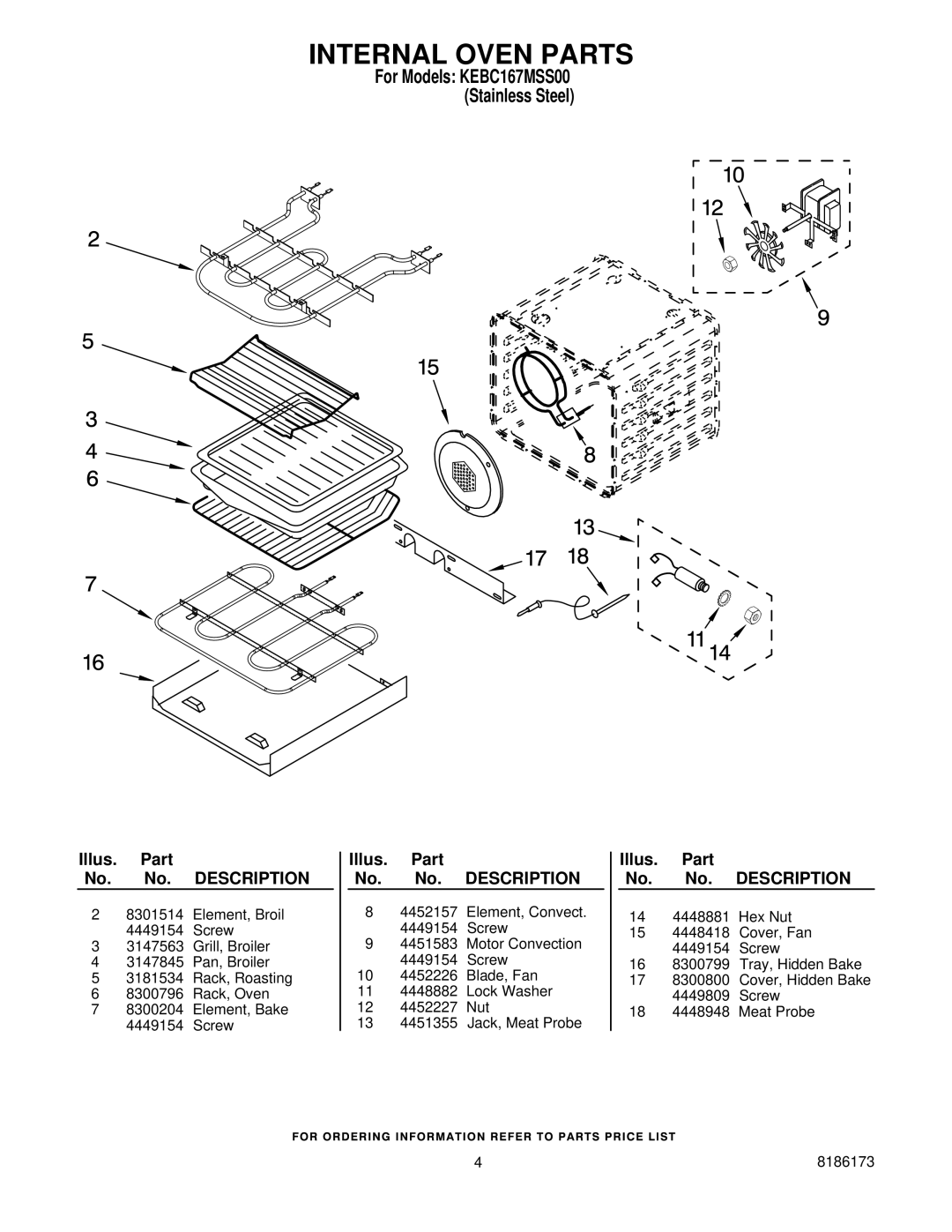 KitchenAid manual Internal Oven Parts, For Models KEBC167MSS00 Stainless Steel 