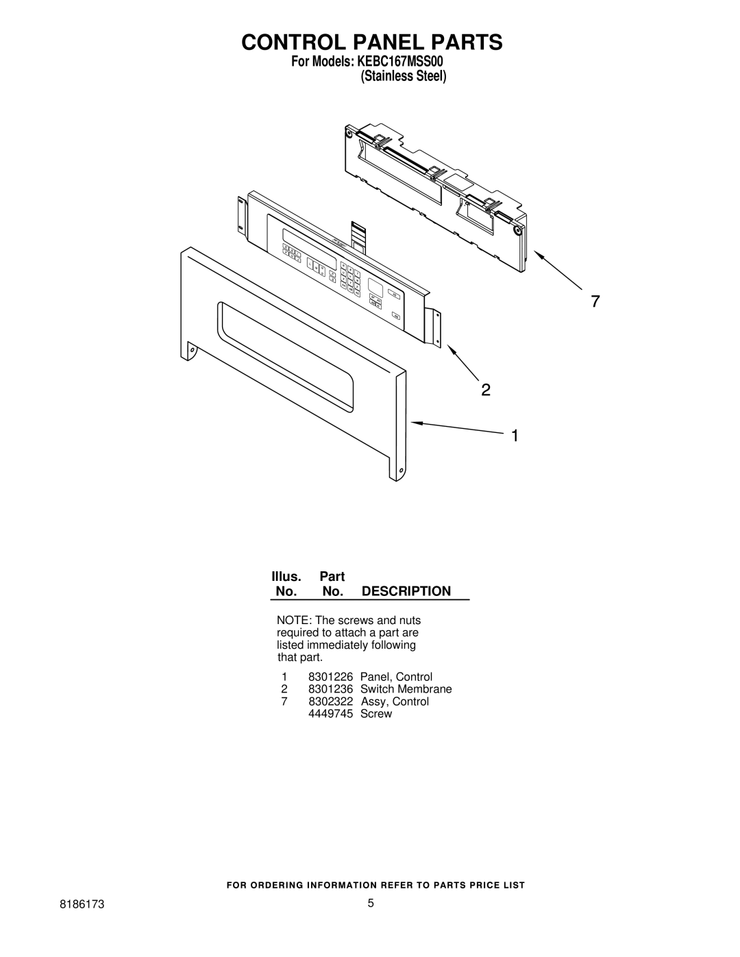 KitchenAid KEBC167MSS00 manual Control Panel Parts 