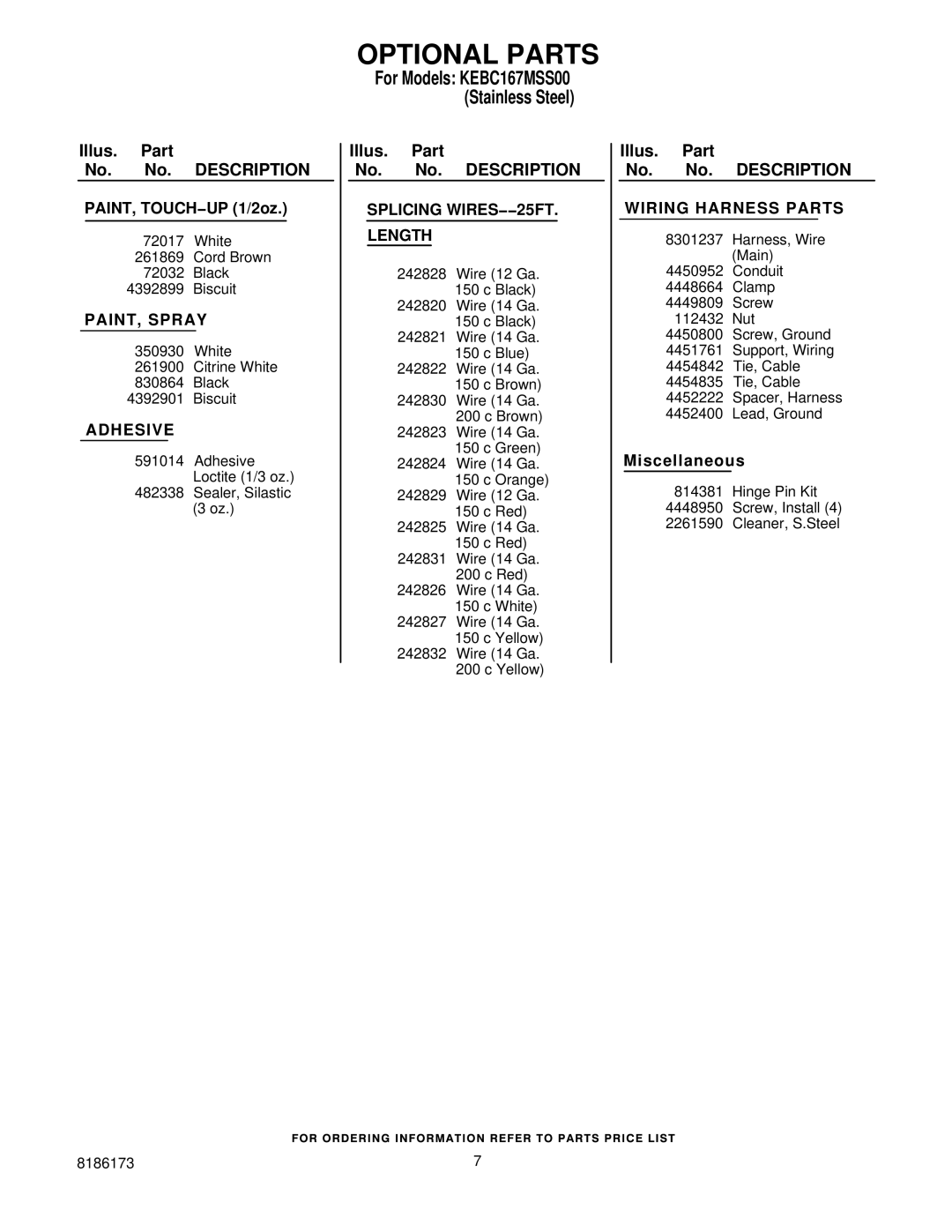 KitchenAid KEBC167MSS00 manual Optional Parts, Wiring Harness Parts 