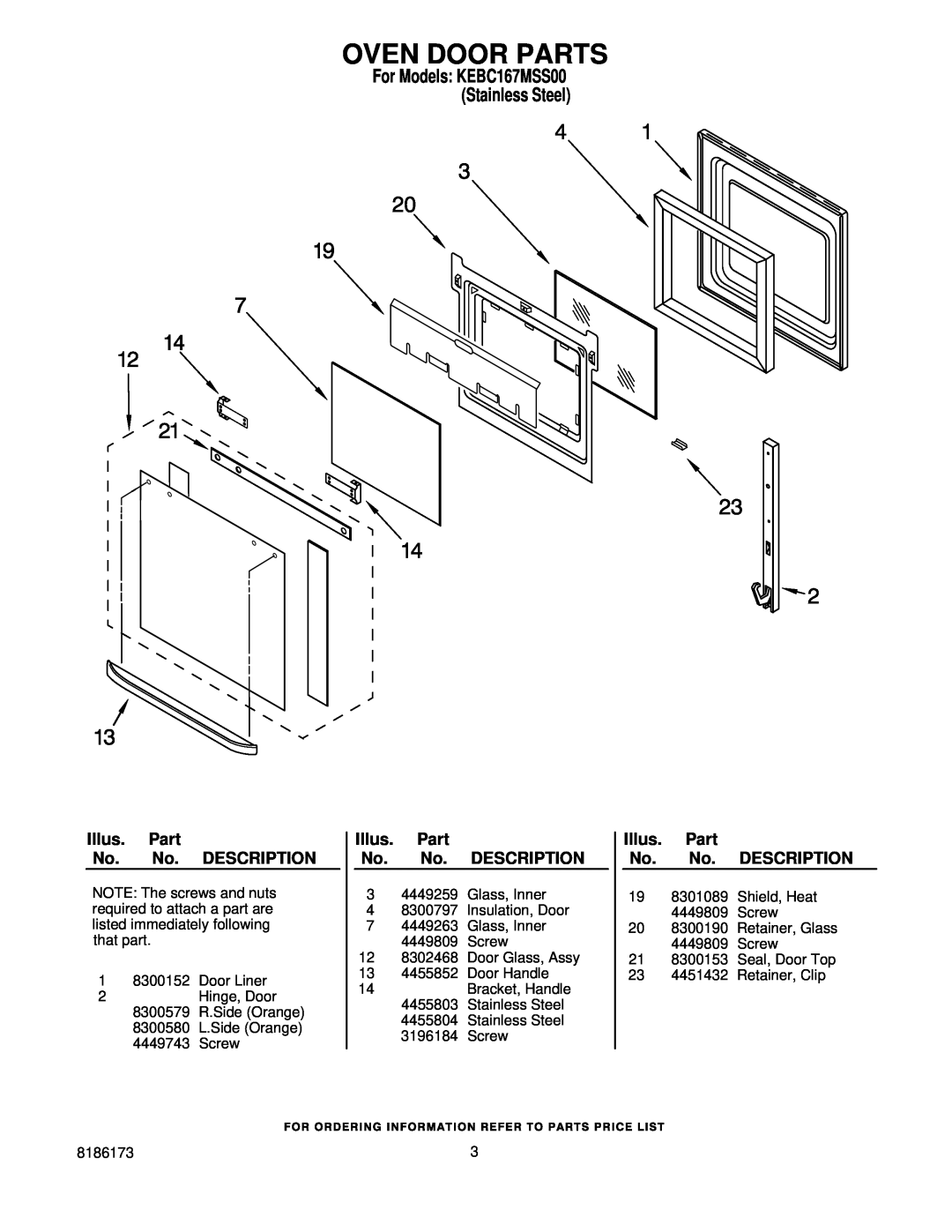 KitchenAid KEBC167MSS00 manual Oven Door Parts, Illus. Part No. No. DESCRIPTION 