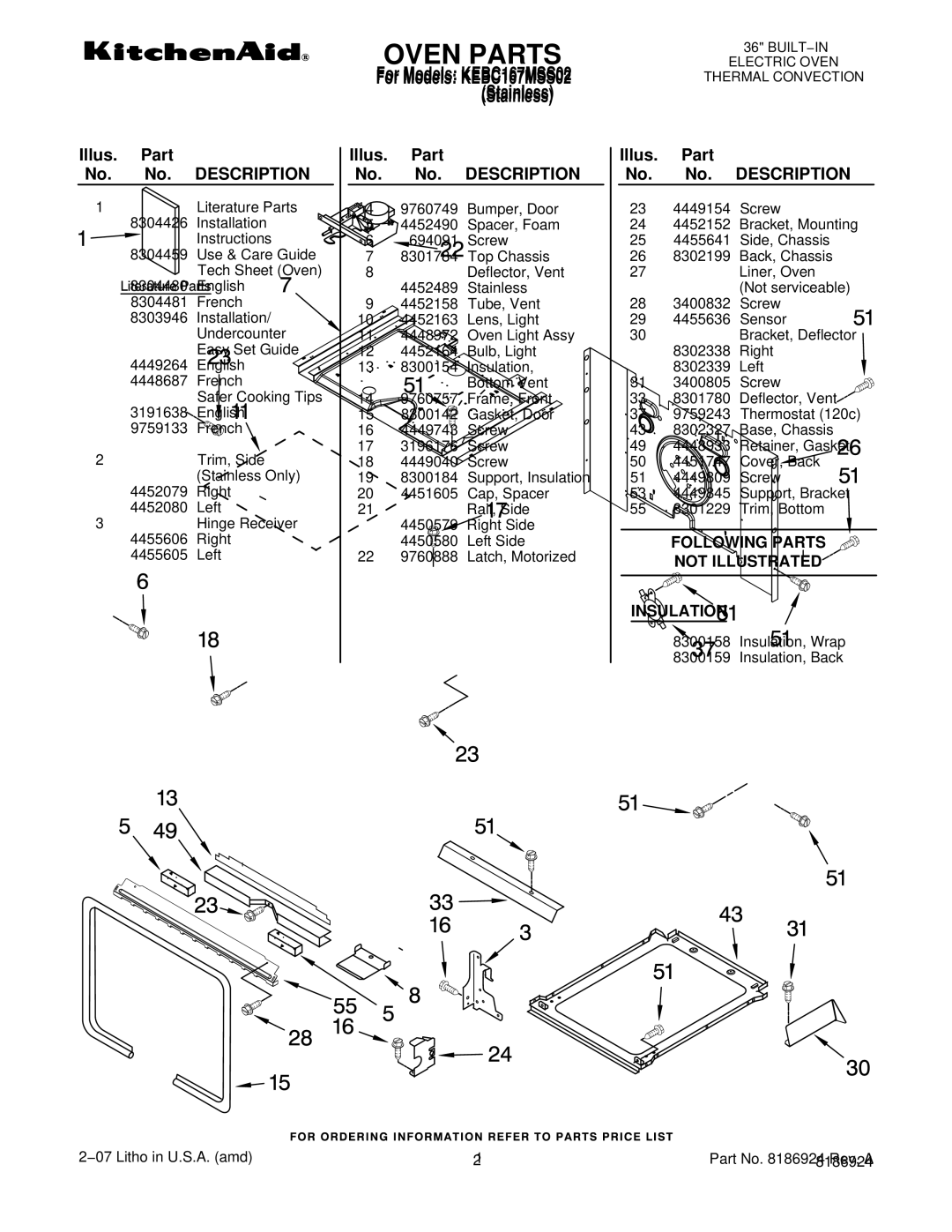 KitchenAid KEBC167MSS02 manual Oven Parts, Illus. Part No. No. Description 