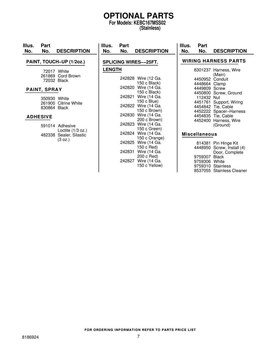 KitchenAid KEBC167MSS02 Optional Parts, Illus. Part No. No. Description PAINT, TOUCH−UP 1/2oz, Illus Part, Miscellaneous 