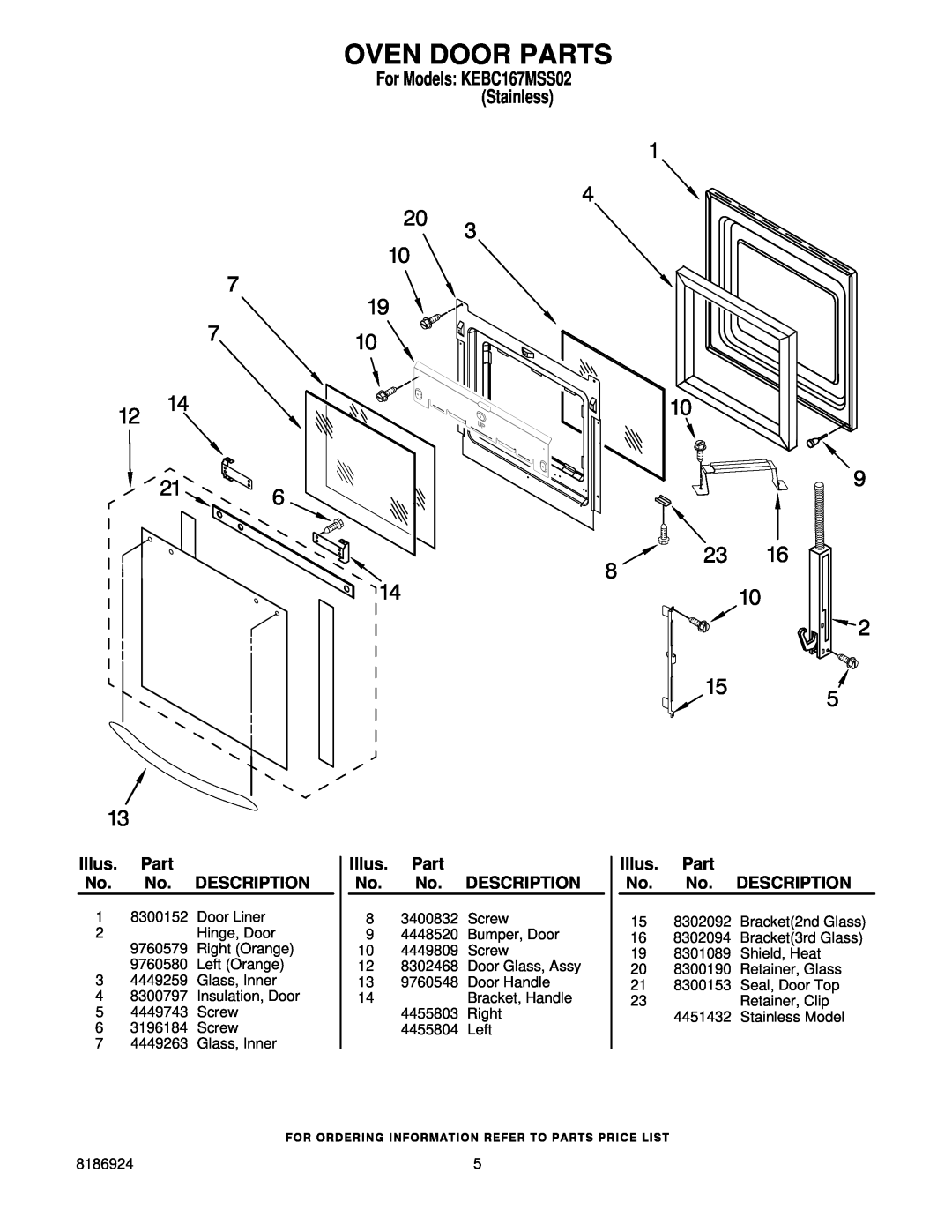 KitchenAid KEBC167MSS02 manual Oven Door Parts, Illus. Part No. No. DESCRIPTION 
