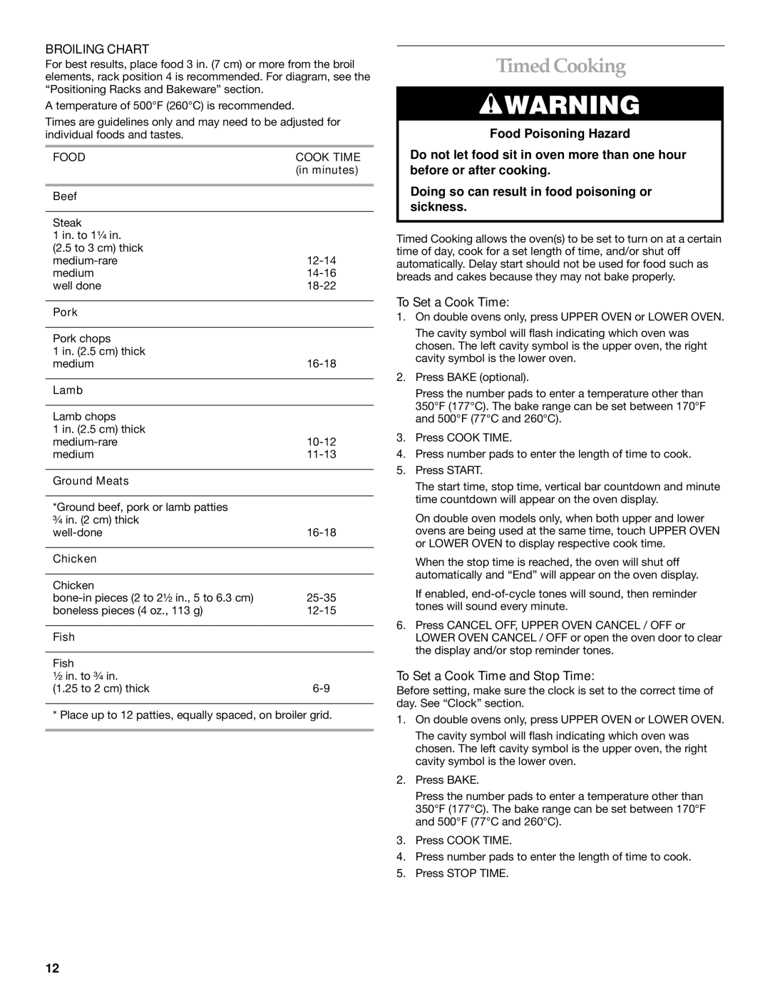 KitchenAid KEBC141, KEBC206, KEBC171 Timed Cooking, Broiling Chart, To Set a Cook Time and Stop Time, Food Cook Time 