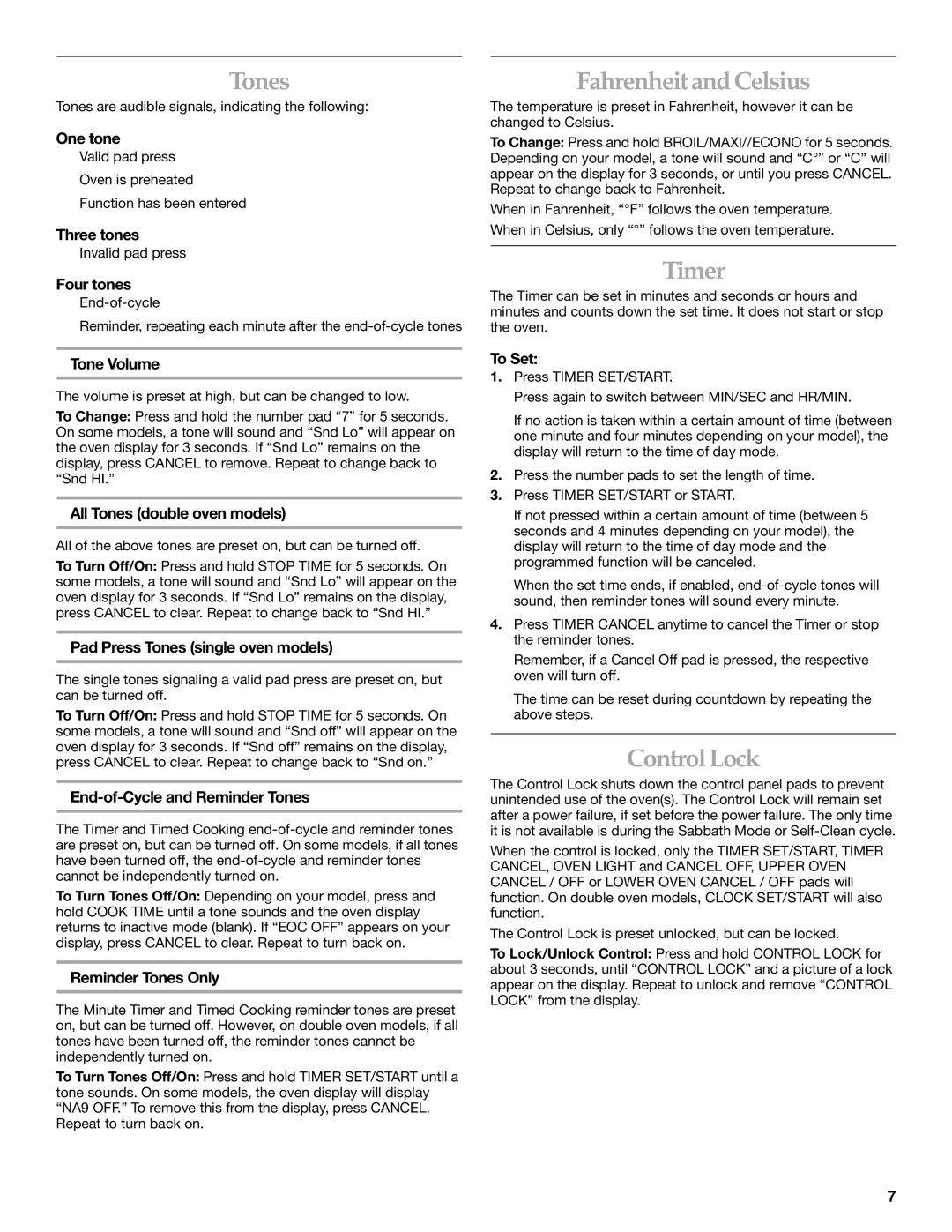 KitchenAid KEBC141, KEBC206, KEBC171, KEB276, KEBC101 manual Tones, Fahrenheit and Celsius, Timer, Control Lock 