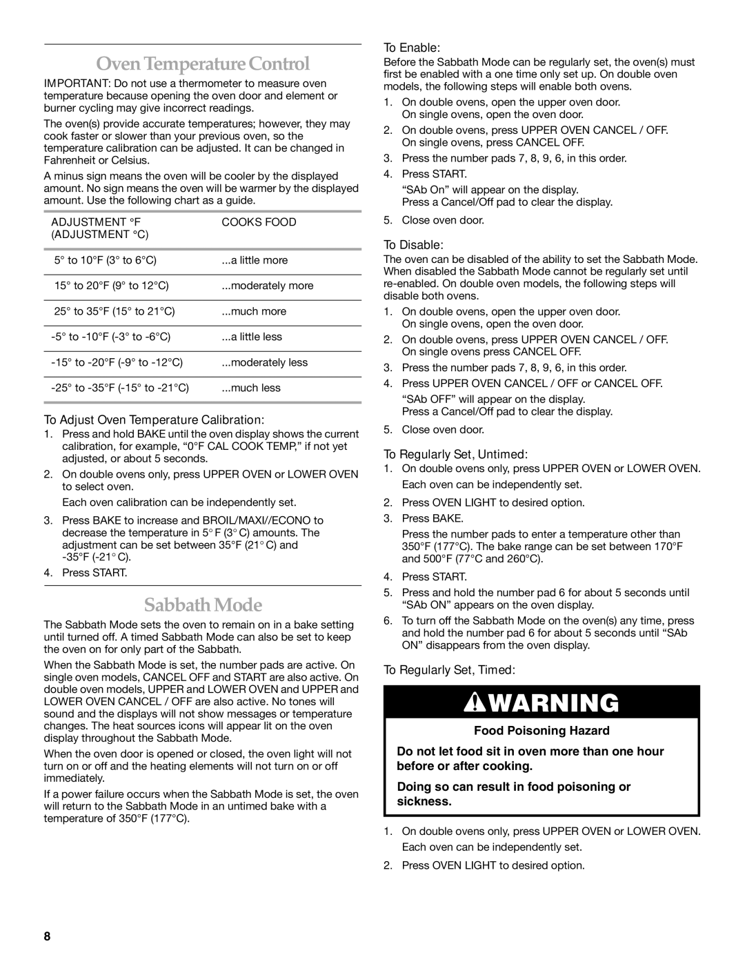 KitchenAid KEB276, KEBC206, KEBC171, KEBC141, KEBC101 manual Oven Temperature Control, Sabbath Mode 