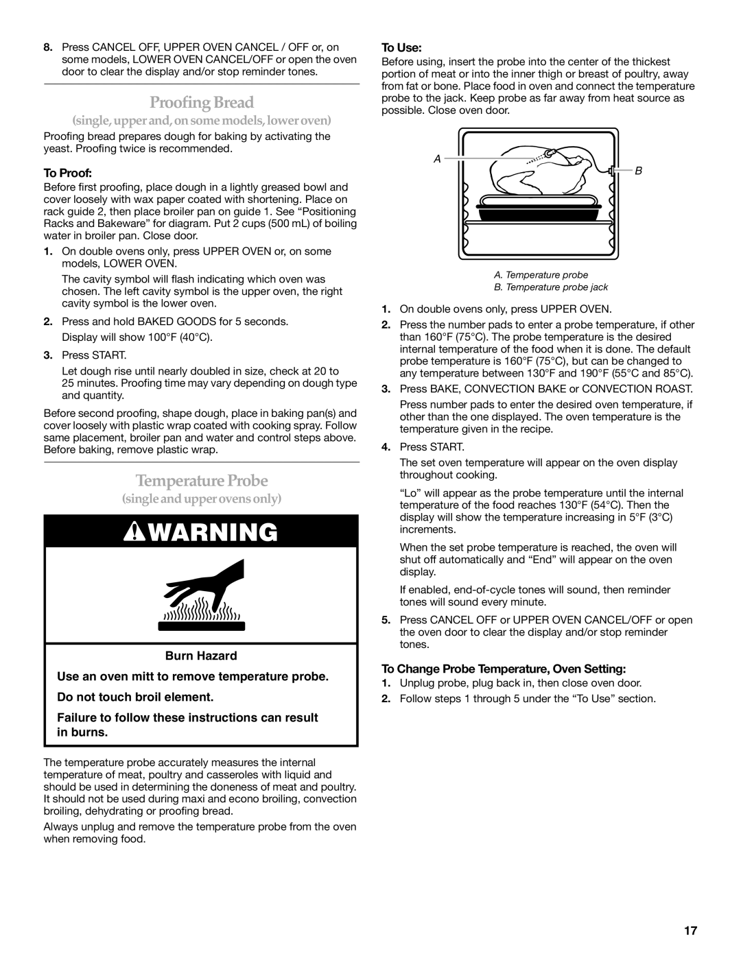 KitchenAid KEBV208, KEBC207, KEBV107 Proofing Bread, Temperature Probe, To Proof, To Change Probe Temperature, Oven Setting 