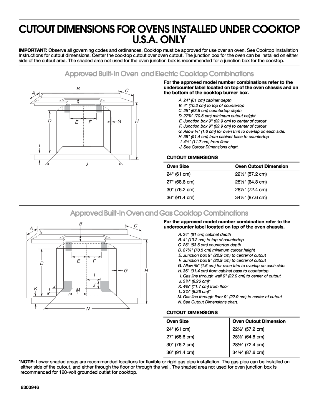 KitchenAid 288 U.S.A. Only, Cutout Dimensions For Ovens Installed Under Cooktop, 8303946, 24 61 cm, 22 ¹⁄₂ 57.2 cm 
