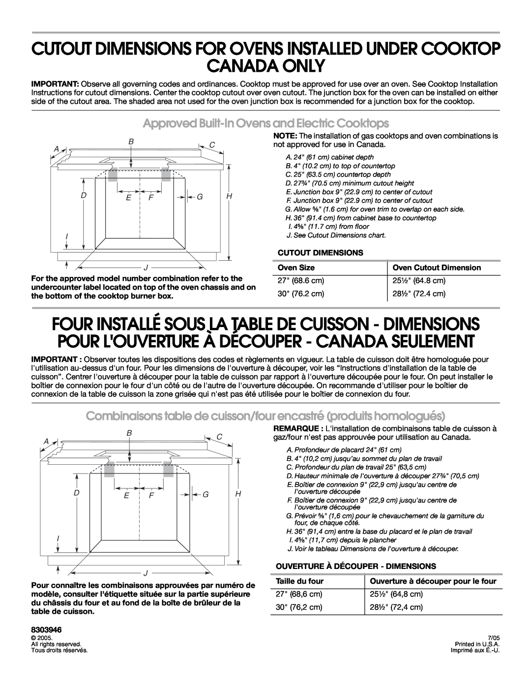 KitchenAid Convection Oven, 288 Canada Only, Cutout Dimensions, Oven Size, Oven Cutout Dimension, Taille du four, 8303946 