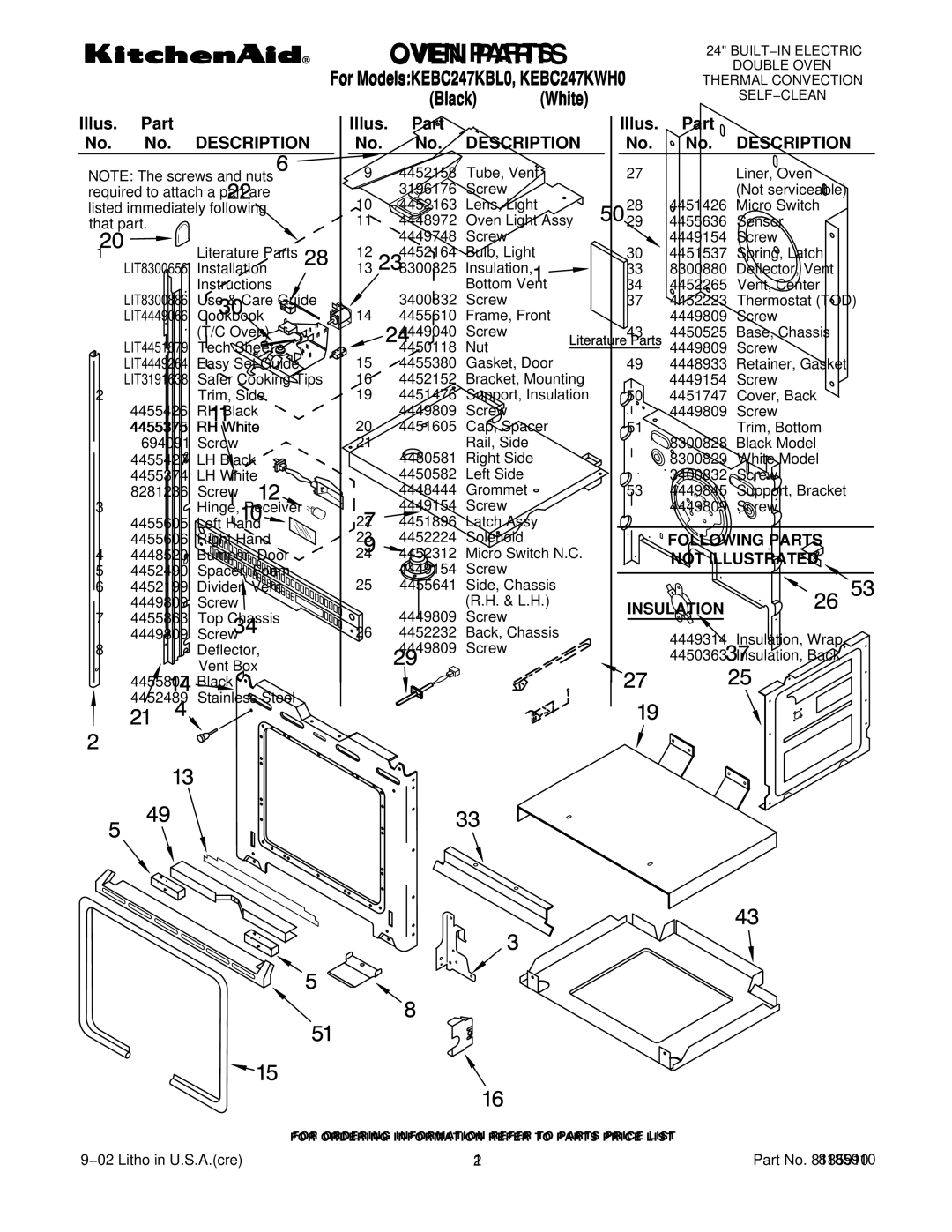 KitchenAid manual Oven Parts, For ModelsKEBC247KBL0, KEBC247KWH0 Black White 