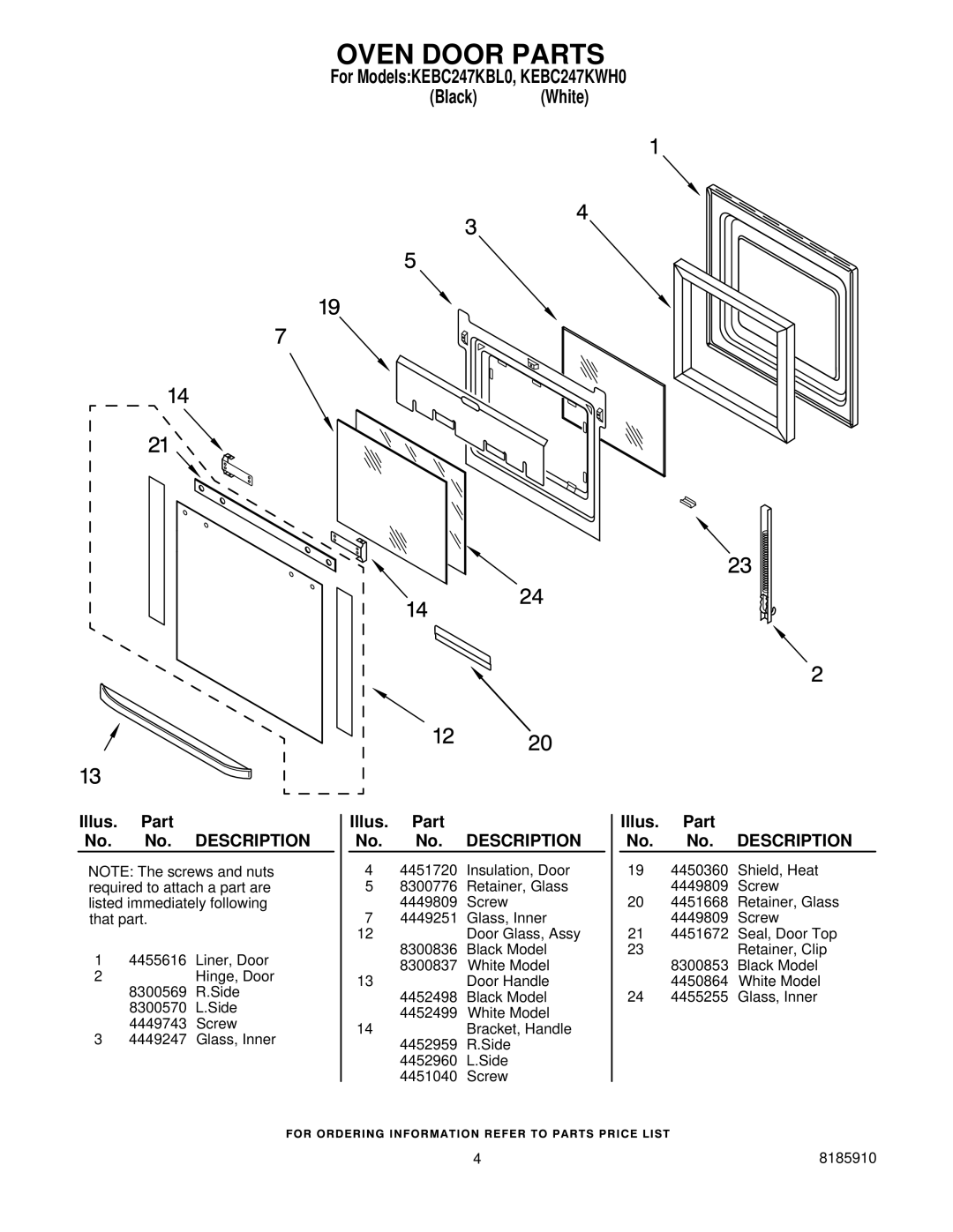 KitchenAid KEBC247KBL0, KEBC247KWH0 manual Oven Door Parts 