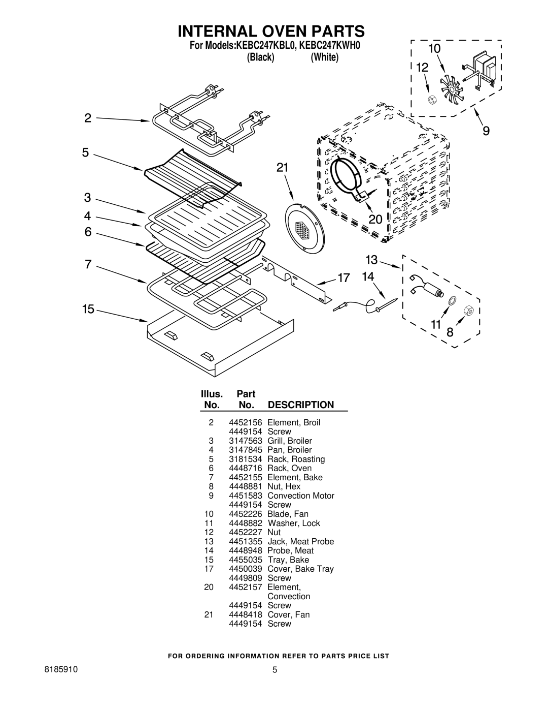 KitchenAid KEBC247KWH0, KEBC247KBL0 manual Internal Oven Parts 