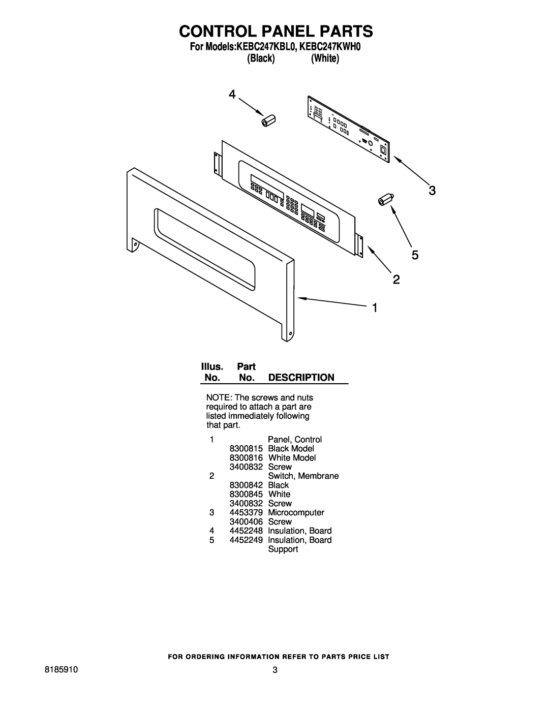 KitchenAid manual Control Panel Parts, For ModelsKEBC247KBL0, KEBC247KWH0 Black White 