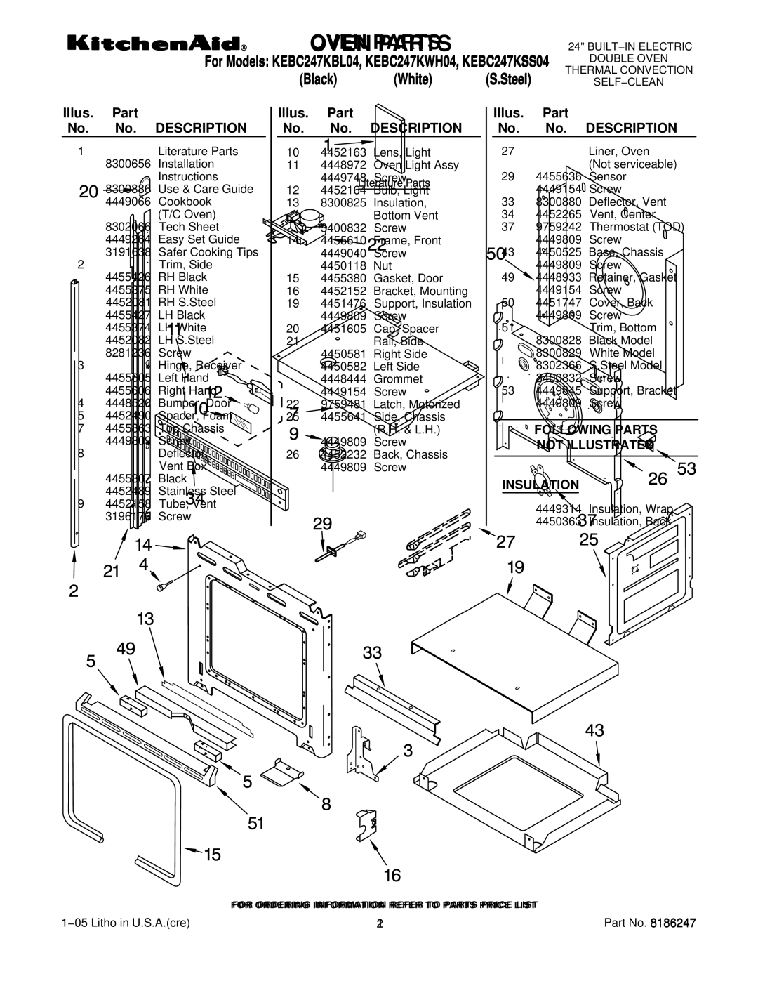 KitchenAid KEBC247KSS04, KEBC247KBL04, KEBC247KWH04 manual Oven Parts, Following Parts Not Illustrated Insulation 