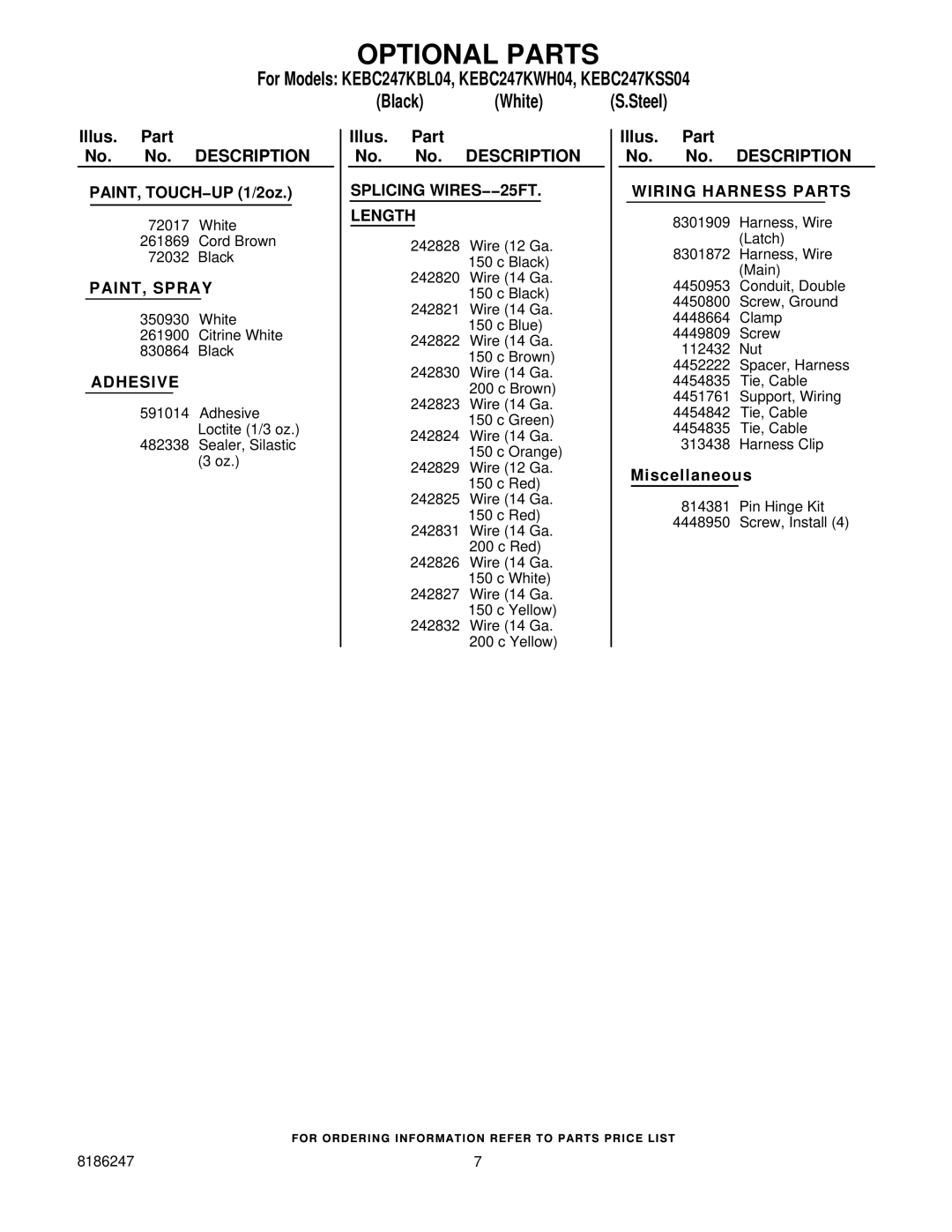 KitchenAid KEBC247KWH04 manual Optional Parts, PAINT, Spray, Adhesive, Splicing WIRES−−25FT Length, Wiring Harness Parts 