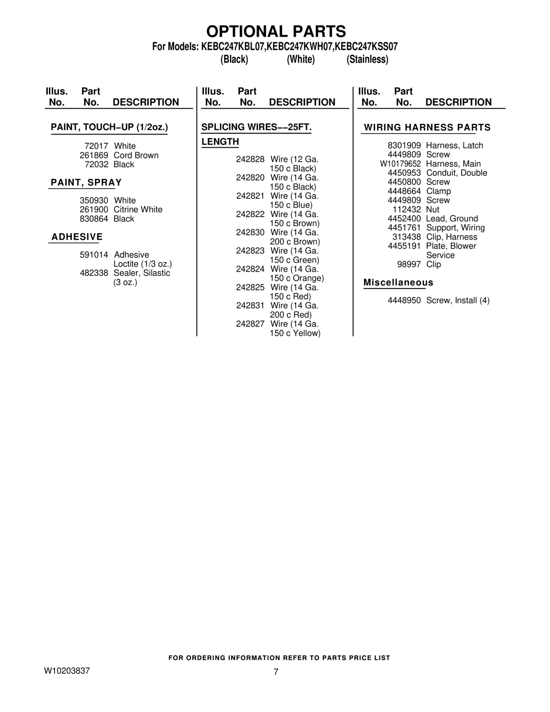 KitchenAid KEBC247KSS07, KEBC247KBL07 manual Optional Parts, Wiring Harness Parts 