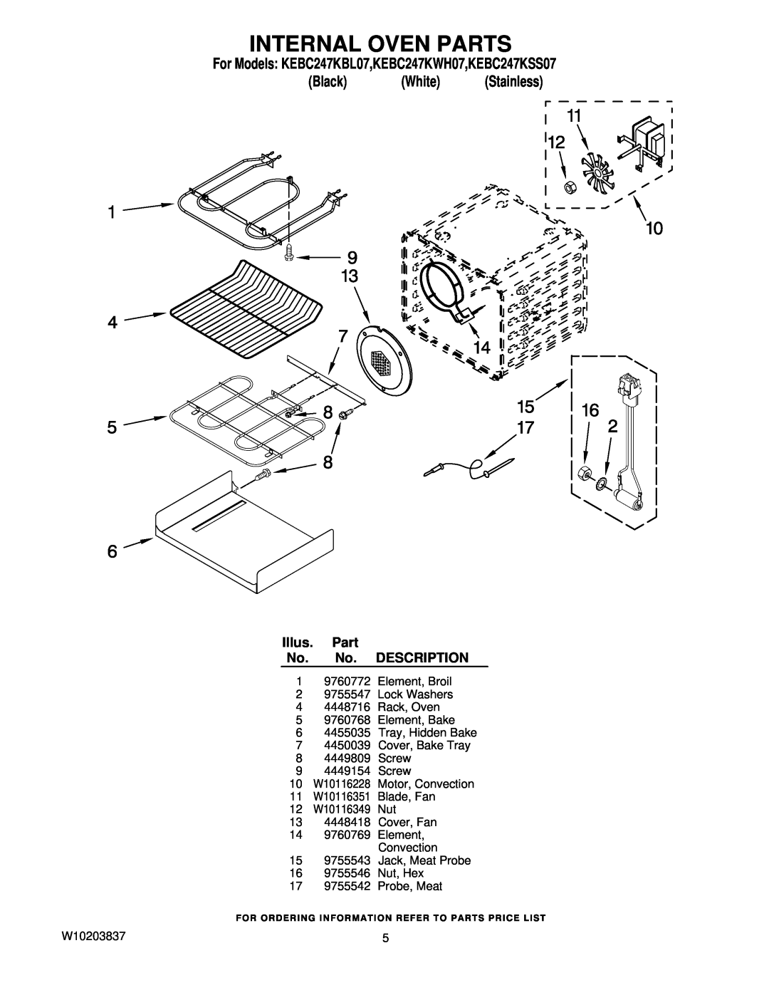 KitchenAid manual Internal Oven Parts, For Models KEBC247KBL07,KEBC247KWH07,KEBC247KSS07, Black White Stainless 