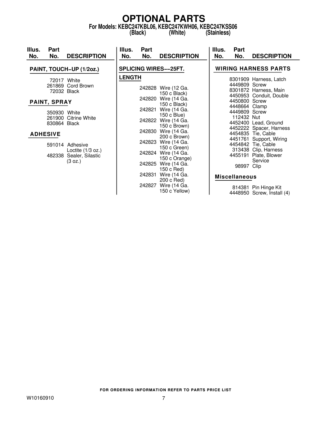 KitchenAid KEBC247KBL06, KEBC247KSS06, KEBC247KWH06 manual Optional Parts, Wiring Harness Parts 