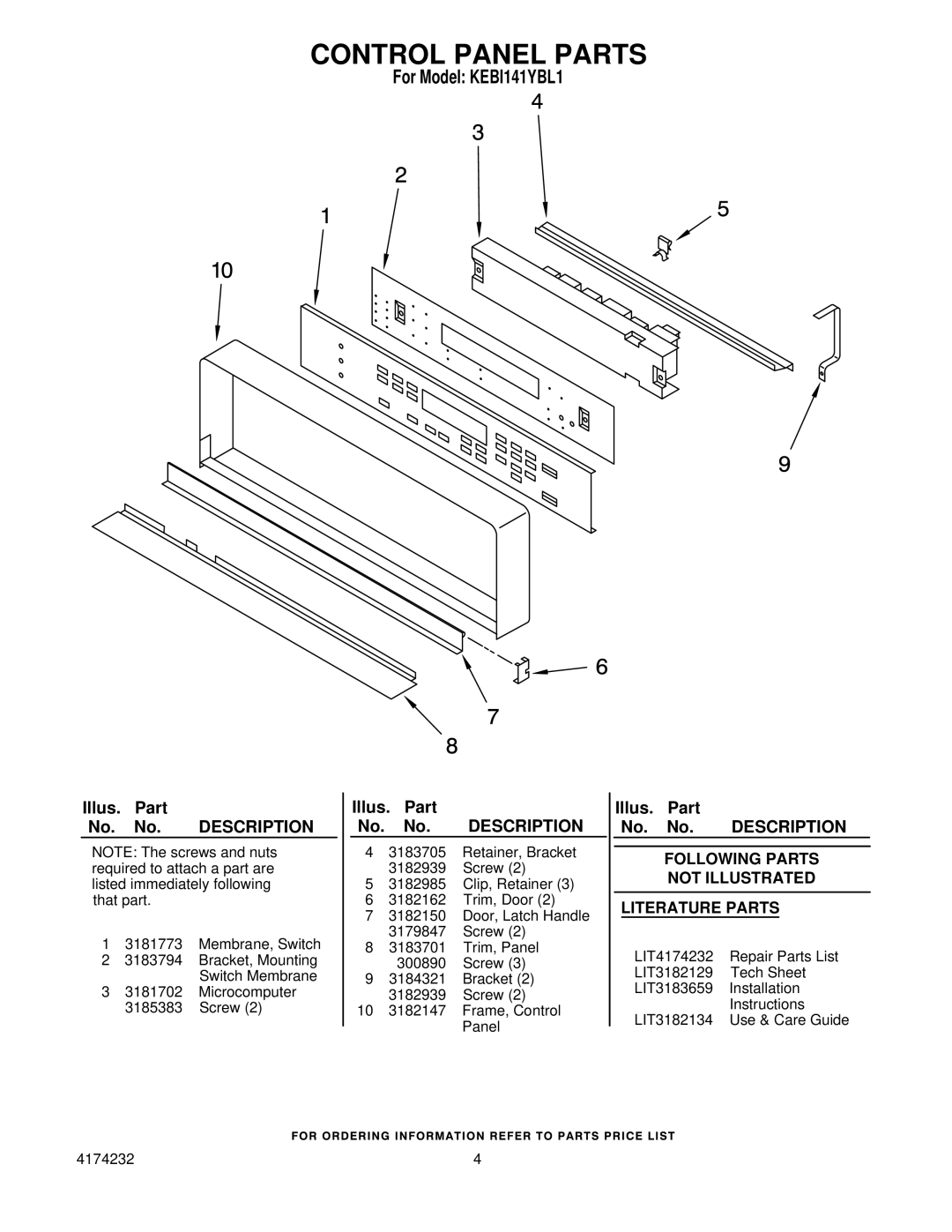 KitchenAid KEBI141YBL1 manual Control Panel Parts, Following Parts Not Illustrated Literature Parts 