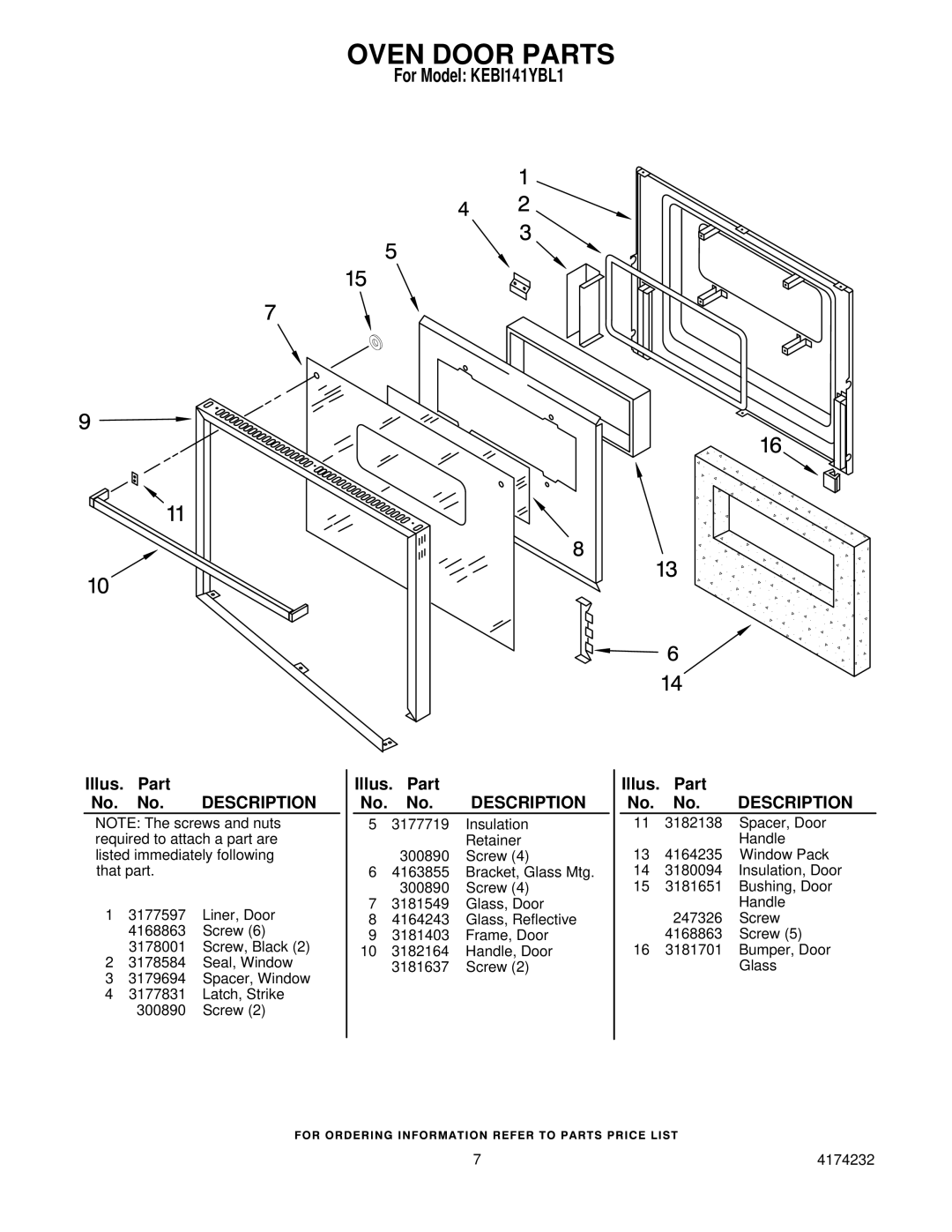 KitchenAid KEBI141YBL1 manual Oven Door Parts 