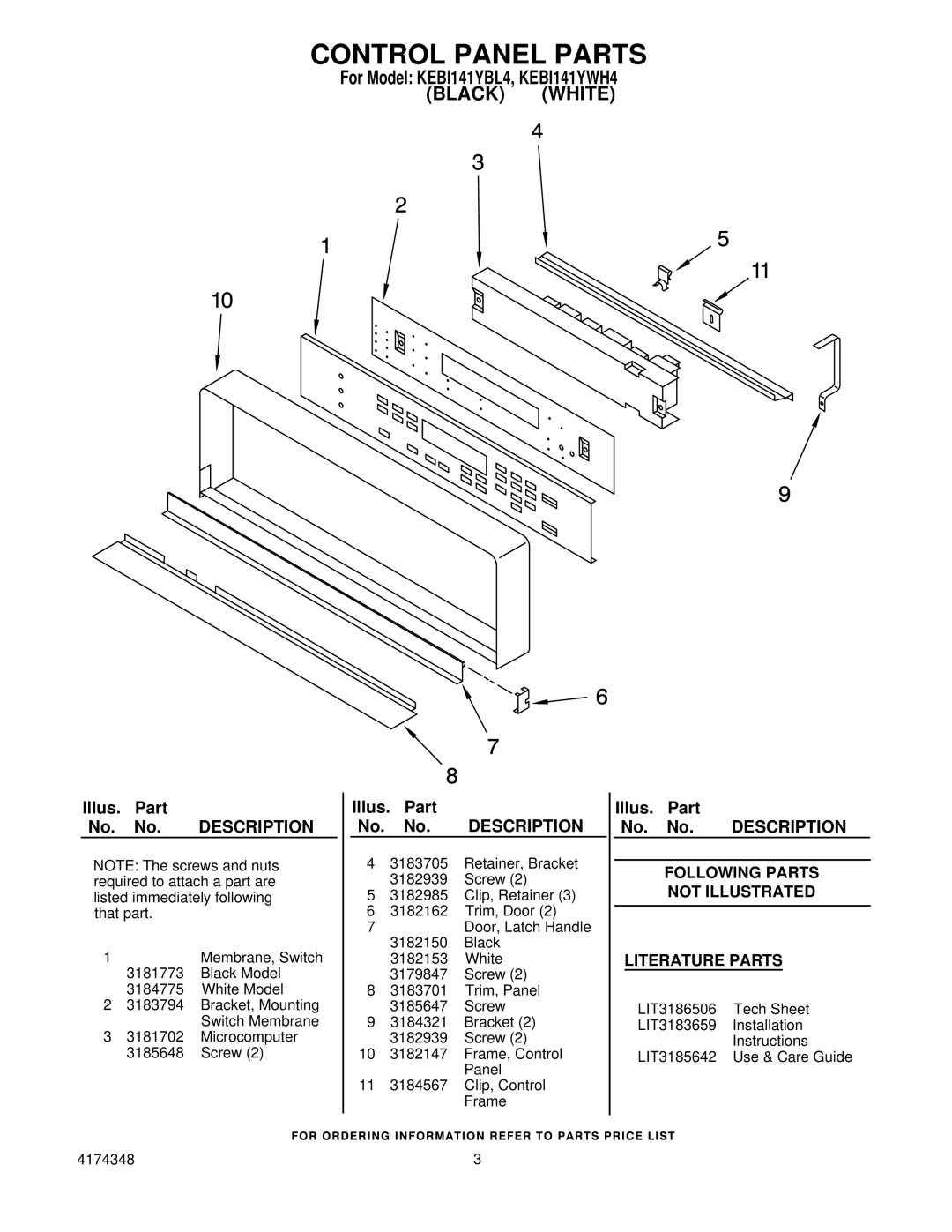 KitchenAid KEBI141YWH4, KEBI141YBL4 manual Control Panel Parts, Following Parts Not Illustrated Literature Parts 