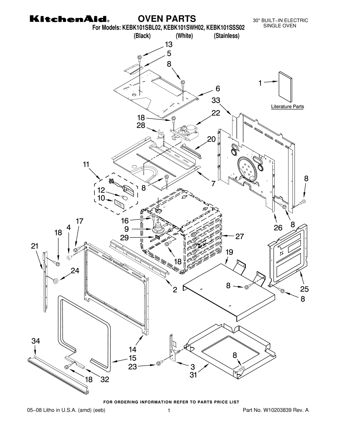 KitchenAid KEBK101SWH02, KEBK101SSS02, KEBK101SBL02 manual Oven Parts 