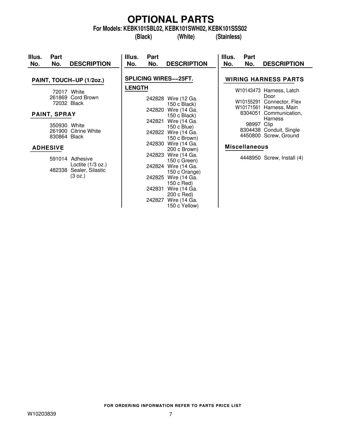 KitchenAid KEBK101SWH02 manual Optional Parts, PAINT, Spray, Adhesive, Splicing WIRES−−25FT Length, Wiring Harness Parts 