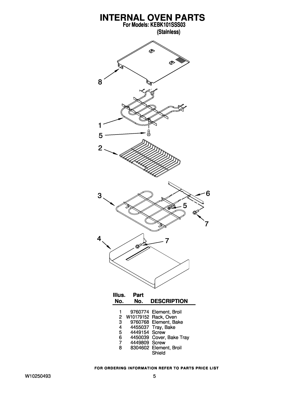 KitchenAid manual Internal Oven Parts, Illus. Part No. No. DESCRIPTION, For Models KEBK101SSS03 Stainless 