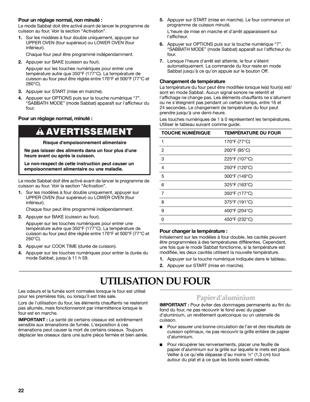 KitchenAid KEBK171 manual Utilisation DU Four, Papierd’aluminium 