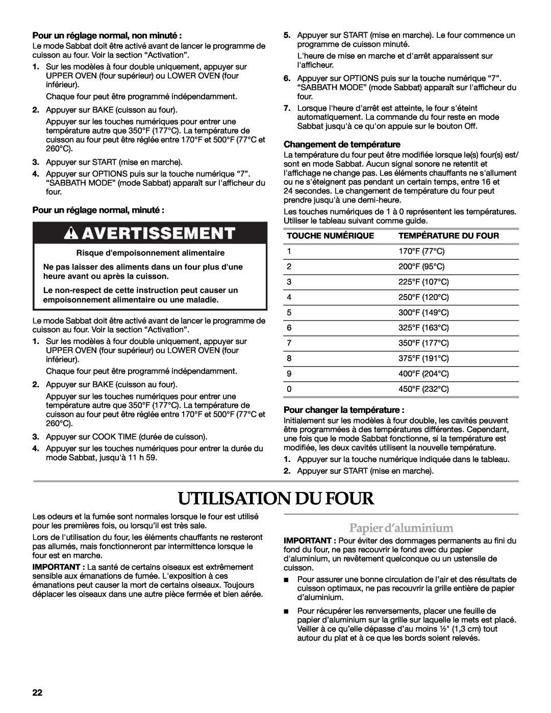 KitchenAid KEBK171 manual Utilisation Du Four, Avertissement, Papierd’aluminium, Pour un réglage normal, non minuté 