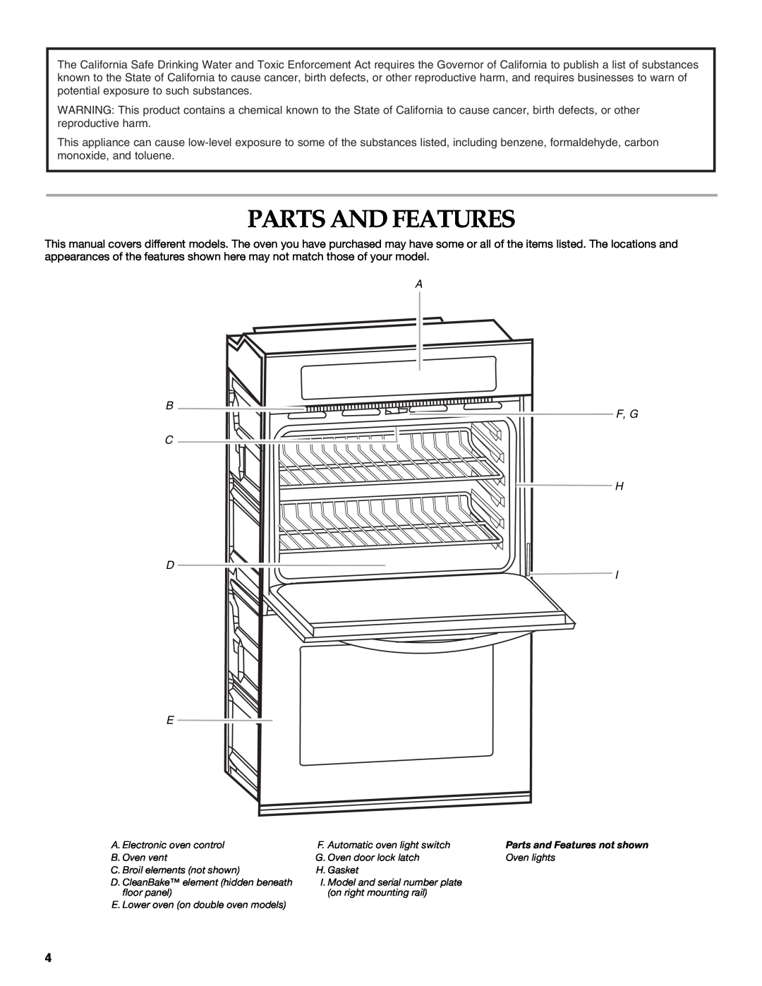 KitchenAid KEBK171 manual Parts And Features, A B F, G C H D I E 