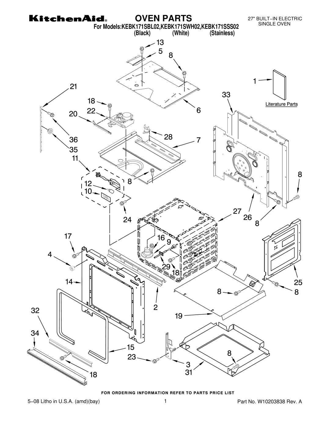 KitchenAid KEBK171SSS02, KEBK171SWH02, KEBK171SBL02 manual Oven Parts 