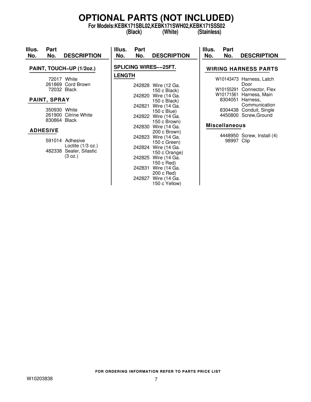 KitchenAid KEBK171SSS02, KEBK171SWH02 Optional Parts not Included, PAINT, Spray, Adhesive, Splicing WIRES−−25FT Length 
